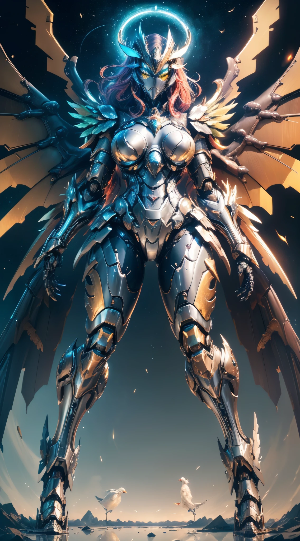 4K, High Resolution, Masterpiece, Best Quality, , [:( Facial Details: 1.2:0.2], (Mecha Legs) Big Anthro, Female, Muscular, Big Crotch Bulge, Big Boobs, Thick Thighs, Robotic Legs, Colorful Exoskeleton, (Bird-like Wings: 1.4, Mechanical Wings: 1.5, Metal Wings: 1.4), Revealing, Cosmic Halo, Angel Halo, Dragon horns, Heavy armor, Extreme Cosmic Storm Style, Translucent and Reflective Skin, The world's best picture quality of ultra-8K, digital drawing