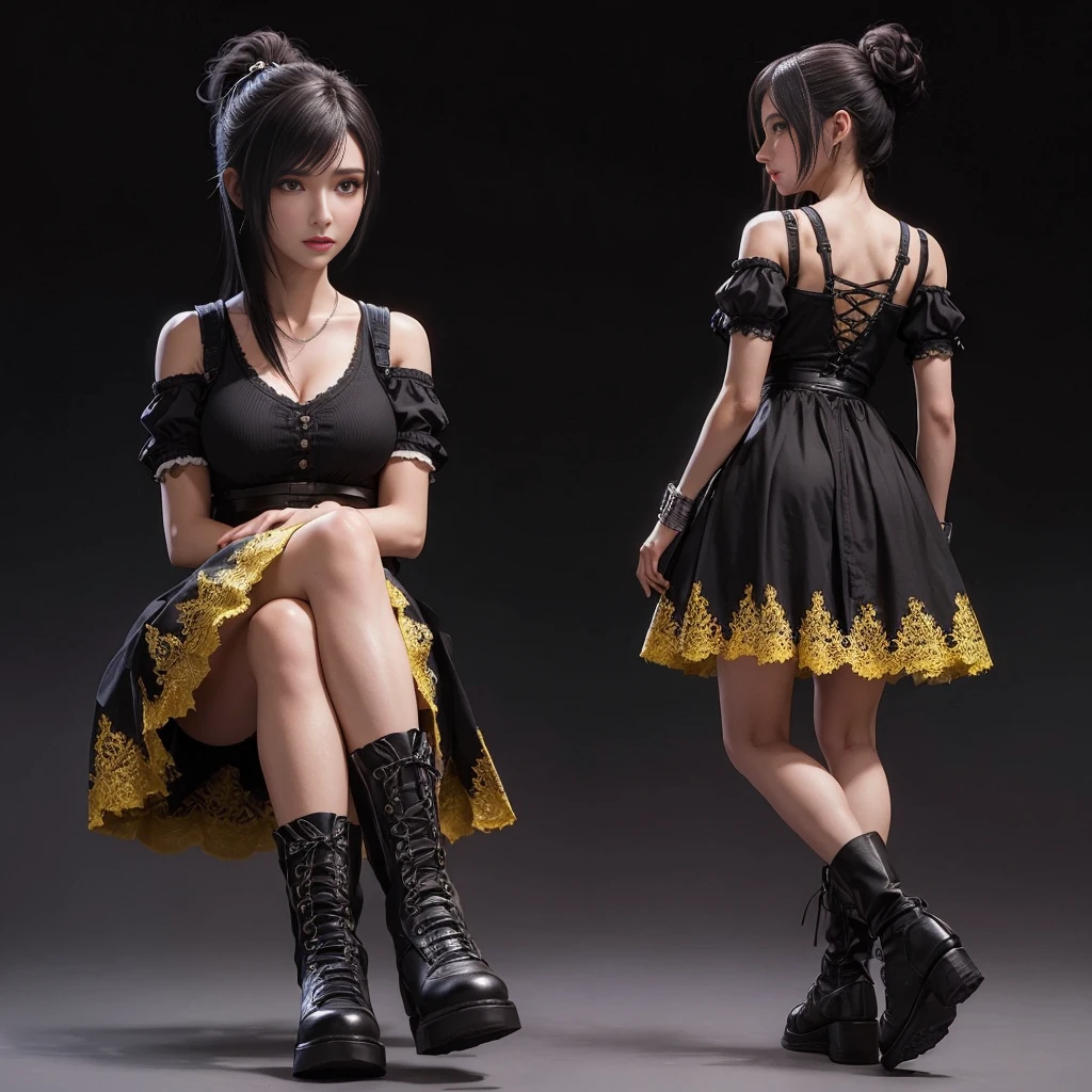 (best quality,ultra-detalhado),(Realistic:1.37),Tifa Lockhart, Rosto bonito e detalhado, maquiagem preta nos olhos, expression serious, textura ultra realista, rosto delicado, corpo delicado, Fit physique, usando batom e brilho labial