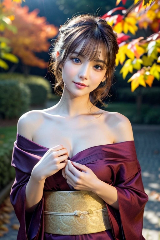 (masutepiece:1.3, Photorealsitic:1.4, 8K), top-quality, ​masterpiece, 超A high resolution, Professional camera work, Grow Light Effect, Realistic portrait, Cinematic Light, Highly detailed skin and facial texture:1.3, Perfect dynamic composition, The ultra-detailliert, A detailed eye, Detailed limbs, autumn night, Lit up, Autumn foliage scenery:1.2, 1girl in, Cute sexy 21 year old slim woman, Fair skin, Autumn leaves are dancing:1.2, (Enraptured look:0.9, Totally captivates you:1.0), (Purple kimono:1.35 off shoulder), (voluptuous breasts:0.9), (Facing the front, Calm pose), (Beautiful blue eyes, Eyes that feel beautiful eros:0.85), Sexy face:0.4, (A mouthfeel that feels beautiful eros:0.85), ((Too cute beauty:0.9))
