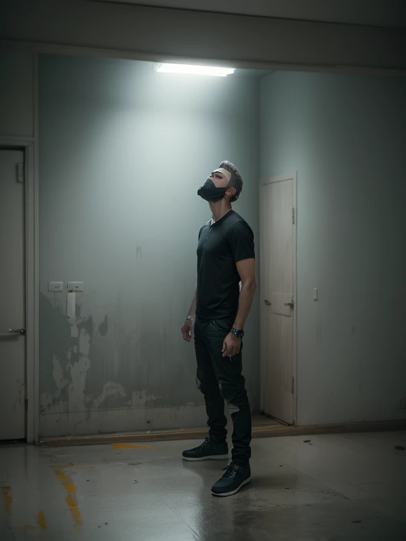 An image photoréaliste effrayante d'un homme, black clothing, The scene is déroule in a lot of hospitals, with flickering lights and peeling paint on the walls. couvert de sang. Sentiment of mal-être et de mystère, la photo est un grand plan, Strange environment. high-definition, 4K, super detailed.