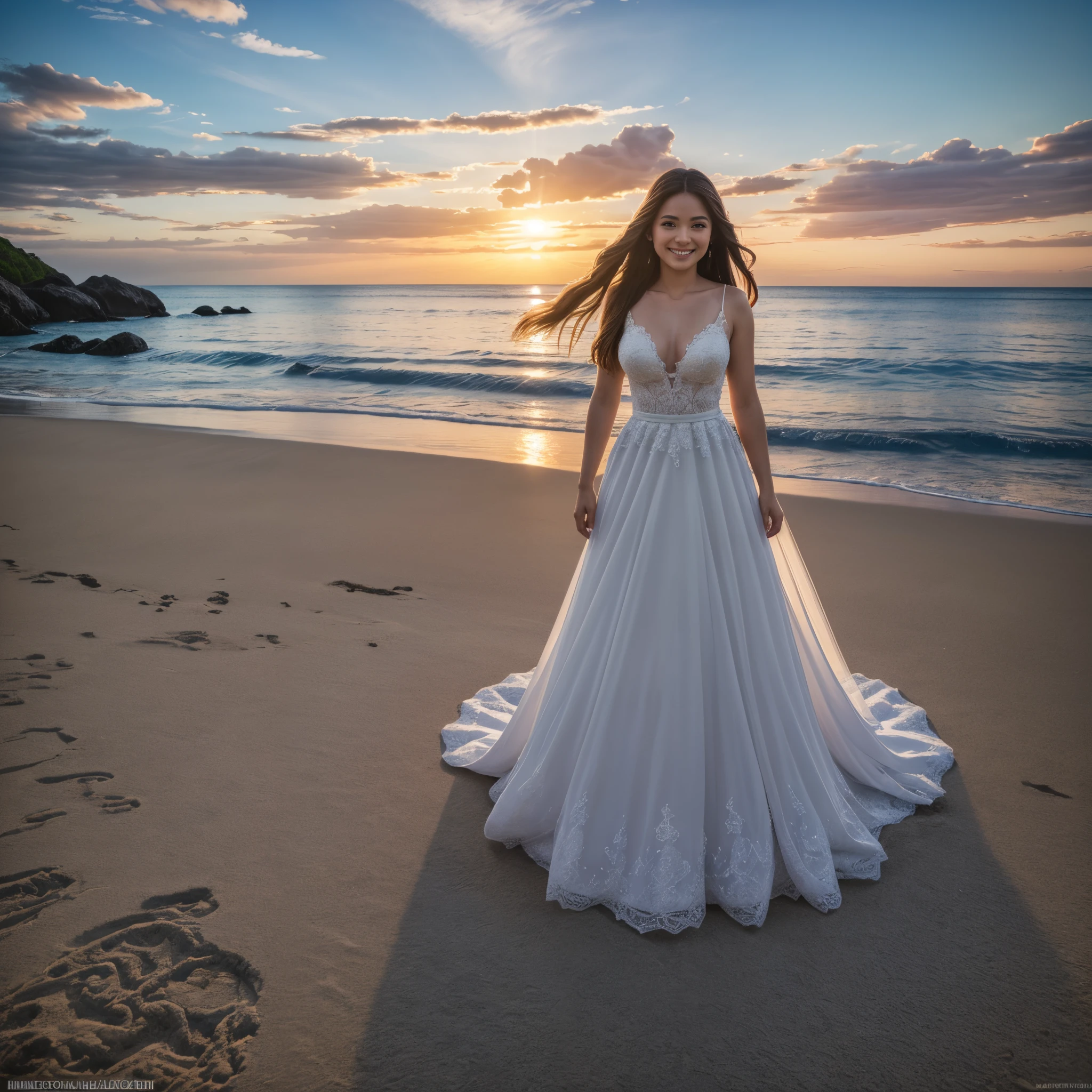 (Ultra High Resolution,Photorealistic,Best Quality,Photo-Realistic),(8k,RAW Photo,Best Quality,Masterplece),(Photon Mapping,Radiosity,Physically Based Rendering,Auto White Balance),Real Person,Photography, woman, 25 years old, smiling, long hair, wedding dress, (paradisiacal beach), (sunset), (high quality cinematic image, wide angle, landscape)