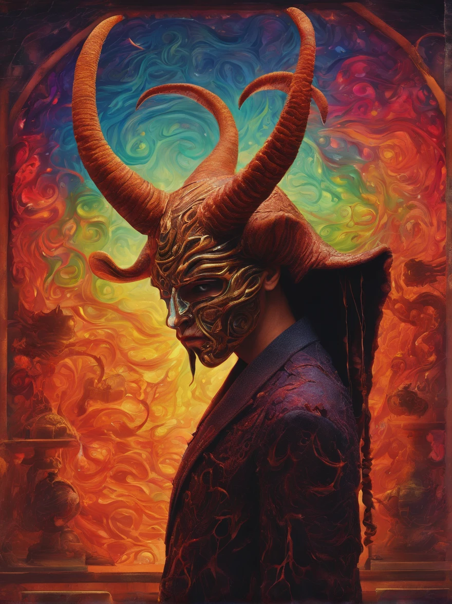 photo realistic,, realistic dark, surreal, beautiful exotic demon man with large ram horns and a Carnevale di Venezia mask, large breasts wearing an open long black latex robe showing his body underneath, devil man, giger, horns, scary aesthetic, nightmare, windy, RAINSTORM, LIGHTNING, giger, necronomicon, visceral,nightmare,imagination,fantastical,dramatic,dark tones,paranormal,surreal juxtaposition,cosmic horror,horror, realistic detailed, film noir,