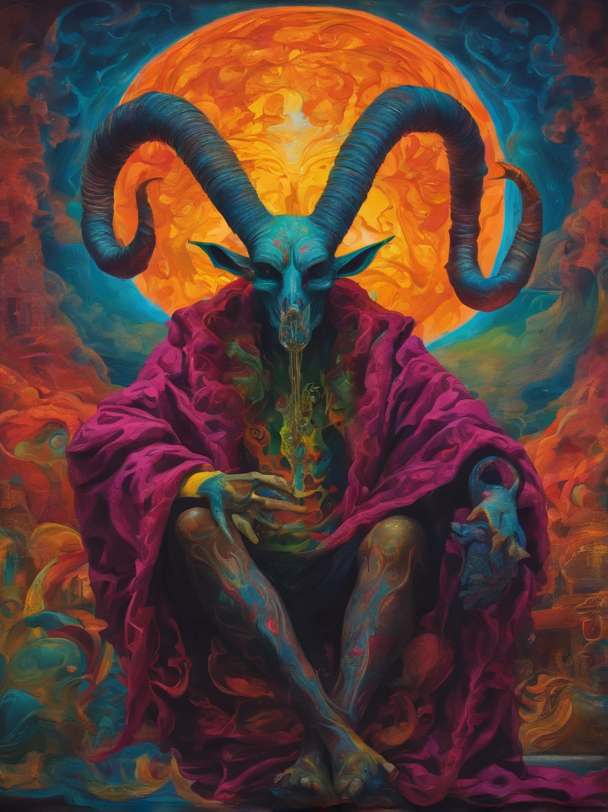 photo realistic,, realistic dark, surreal, beautiful exotic demon man with large ram horns and a Carnevale di Venezia mask, large breasts wearing an open long black latex robe showing his body underneath, devil man, giger, horns, scary aesthetic, nightmare, windy, RAINSTORM, LIGHTNING, giger, necronomicon, visceral,nightmare,imagination,fantastical,dramatic,dark tones,paranormal,surreal juxtaposition,cosmic horror,horror, realistic detailed, film noir,
