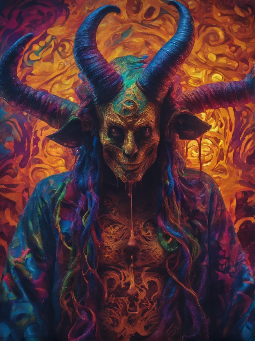 photo realistic,, realistic dark, surreal, beautiful exotic demon man with large ram horns and a Carnevale di Venezia mask, large breasts wearing an open long black latex robe showing his body underneath, devil man, giger, horns, scary aesthetic, nightmare, windy, RAINSTORM, LIGHTNING, giger, necronomicon, visceral,nightmare,imagination,fantastical,dramatic,dark tones,paranormal,surreal juxtaposition,cosmic horror,horror, realistic detailed, film noir,