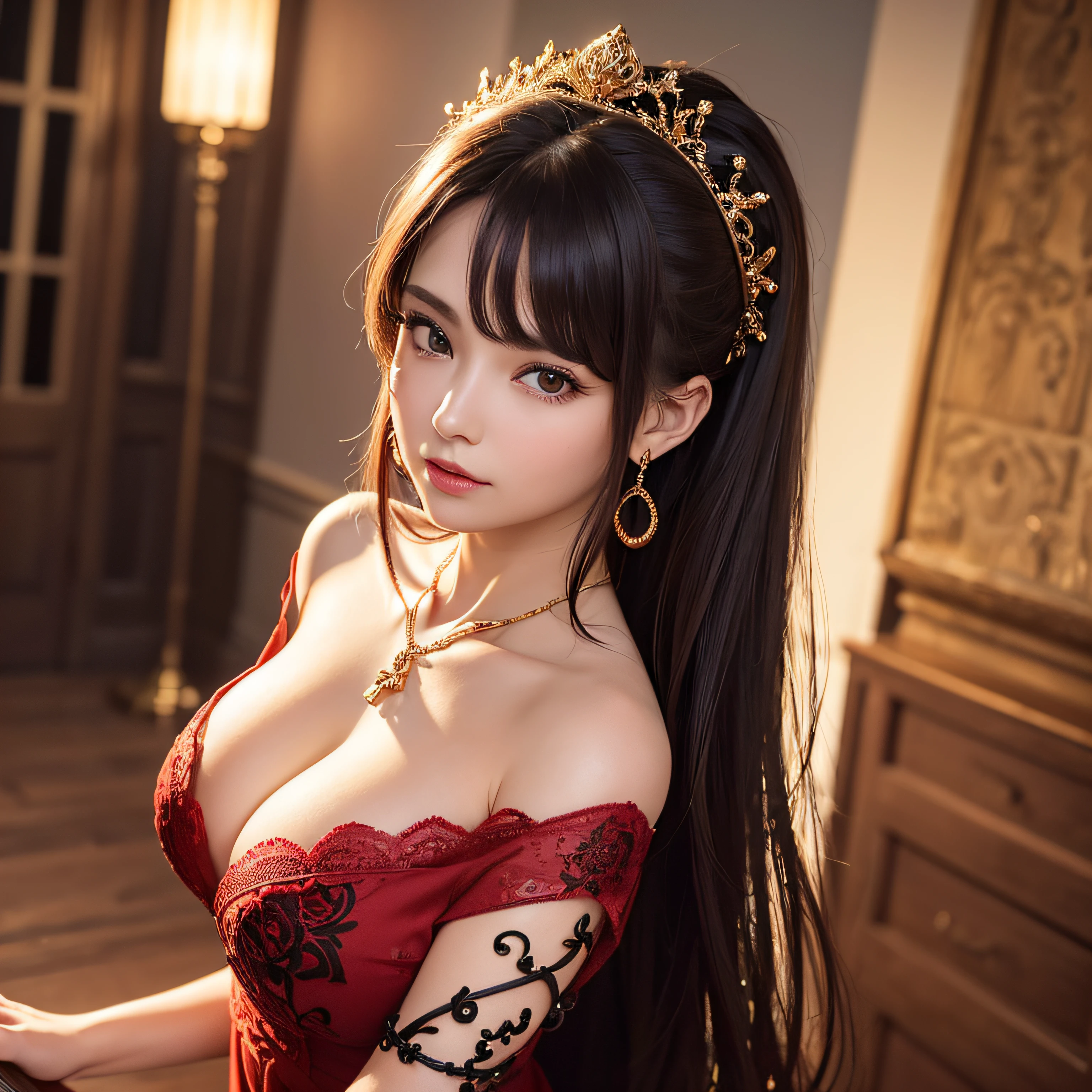 (extremely detailed CG unit 8k wallpaper, masterpiece, best quality, ultra-detailed), (best lighting, best shadow), prefect cute face busty woman, mature, square face, wearing 1 red rose on necklace neck, wearing black lace dress with red, golden earrings, features like a maria padilla, (highly detailed skin: 1.2), medium brown loose hair with lights