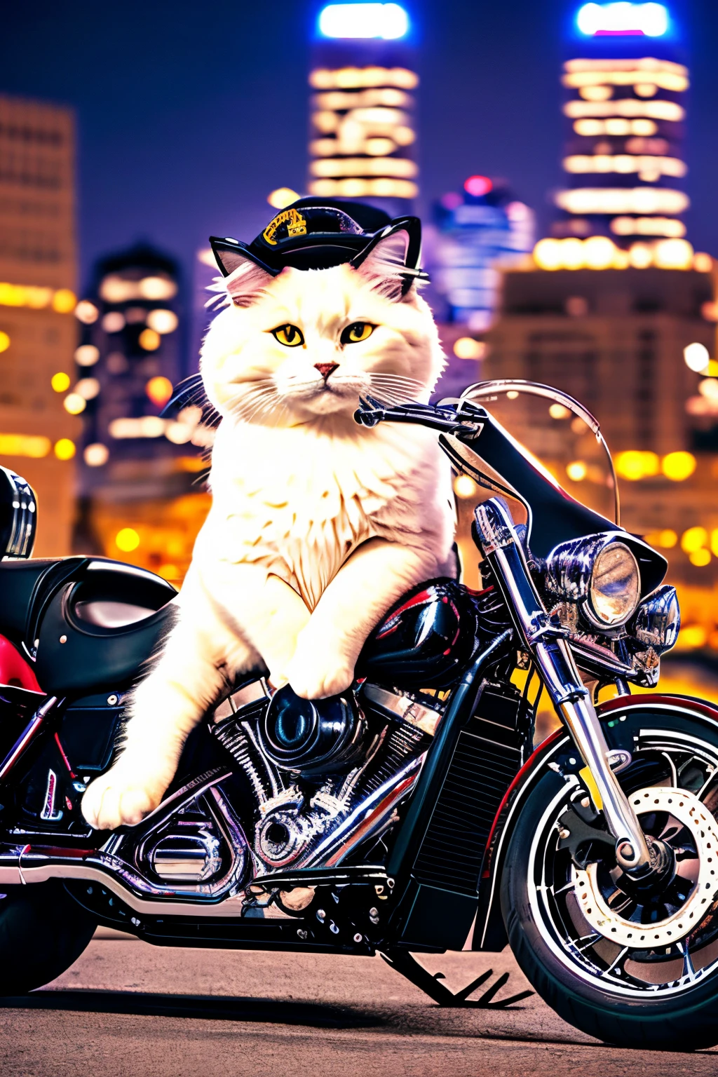 Fluffy cat with leather gloves on his paws and a cap on his head.. The cat sits on a large Harley Davidson motorcycle. Expensive chromed motorcycle, Biker cat rides a Harley motorcycle through the city at night. City with tall buildings and glowing night windows , advertisements glow at night