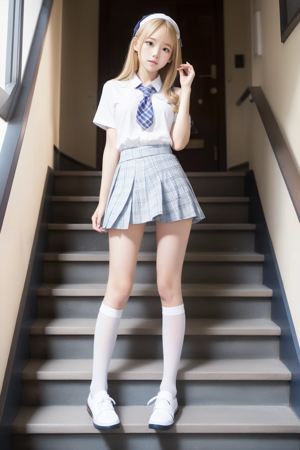 hi-school girl、full body Esbian、、、Blonde long、Disgusting look、long beautiful legs、Miniskirt Uniform、Light blue checkered panties are visible、stairway