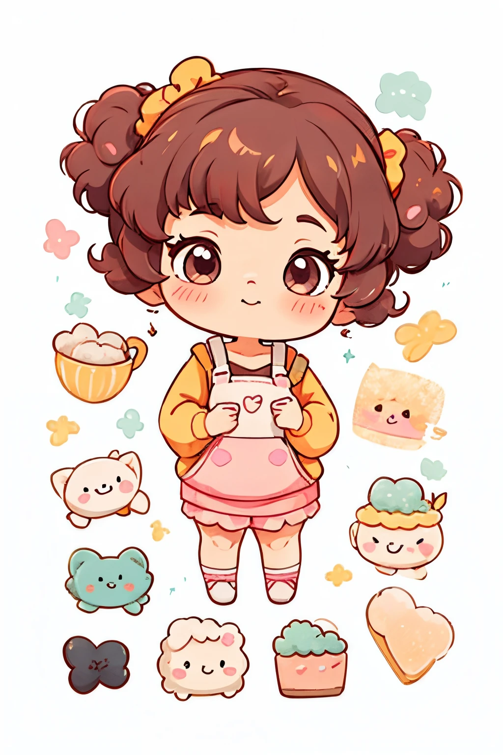 Shoulder sweater, Curly shorthair, hair scrunchie, Twin-tailed, kawaii pose、Eat mochi