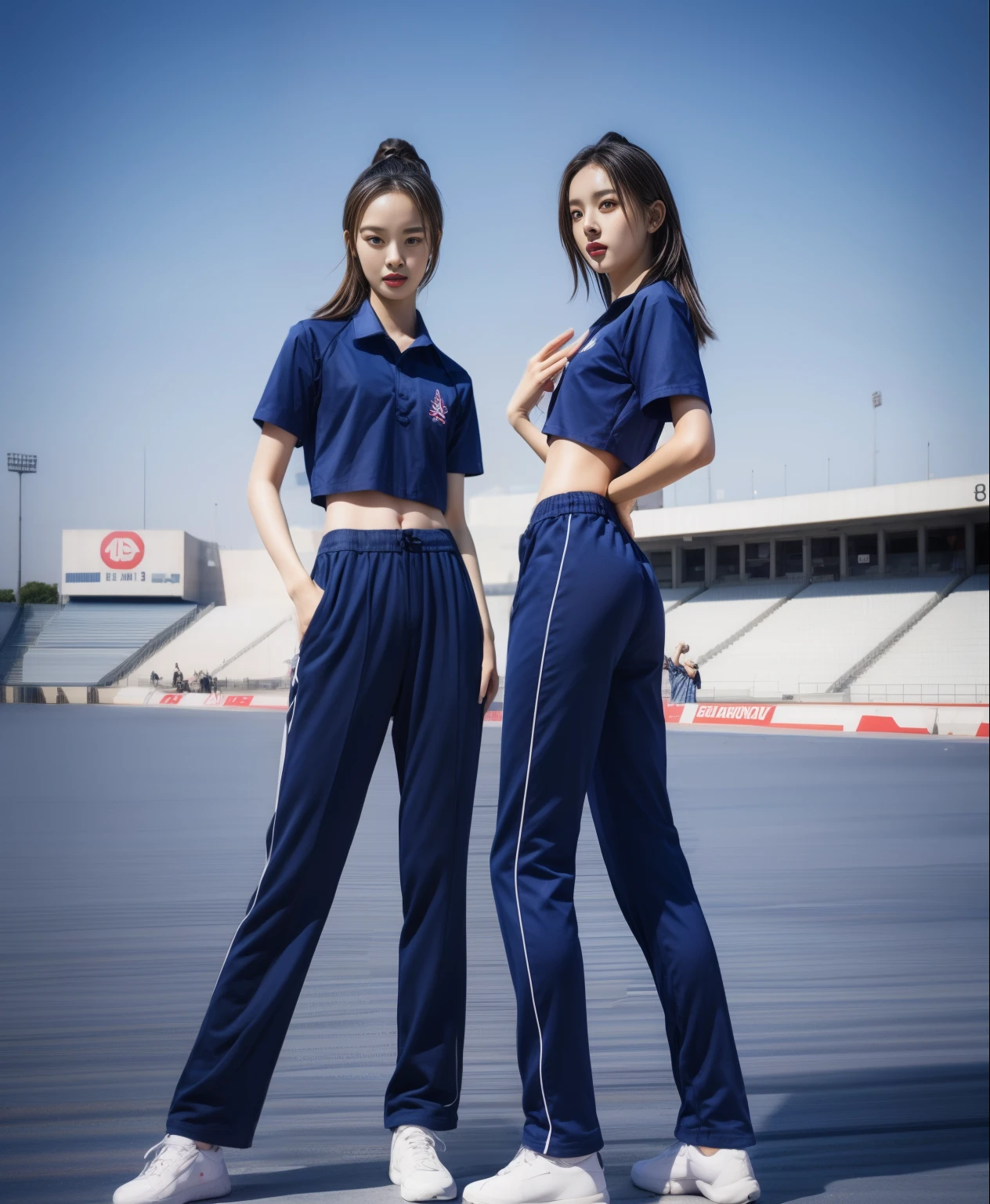 (bestquality,10,10,highres,masterpiece:1.2),ultra-detail,(Realistic,photorealistic portrait,photo-realistic:1.37),1 Cute girl in the football field,oily shiny skin,bara,light smile,BDclothes,((blue shirt:1.3)),short sleeves,shirt, trousers.,(navy_long_Pants Track:1.1), ((Stadium Background:1.3)),dynamic angle,excited,face focus,Dynamic Poses,from behide,Ass Focus,masterpiece, bestquality, ultra realistic, hyper-detail, 8k resolution, RAW photo, crisp focus, ((Navy blue shirt:1.1)), short sleeves, Long Path, Perfect body, 2 mature women, 18yo, cinematic light,Blue sweatpants,Gymware,Correct anatomy,Complete body, Correct body, sharp face, Anatomically correct body, full entire body, Realistic gestures, long-haired, Realistic poses,Wear long shorts..........................,Long leg span,Shapely,Sculpting Girl, Slender Figure, mannequin mannequins, Shapely, Beautiful body,Blue sweatpants, Two girls kissing