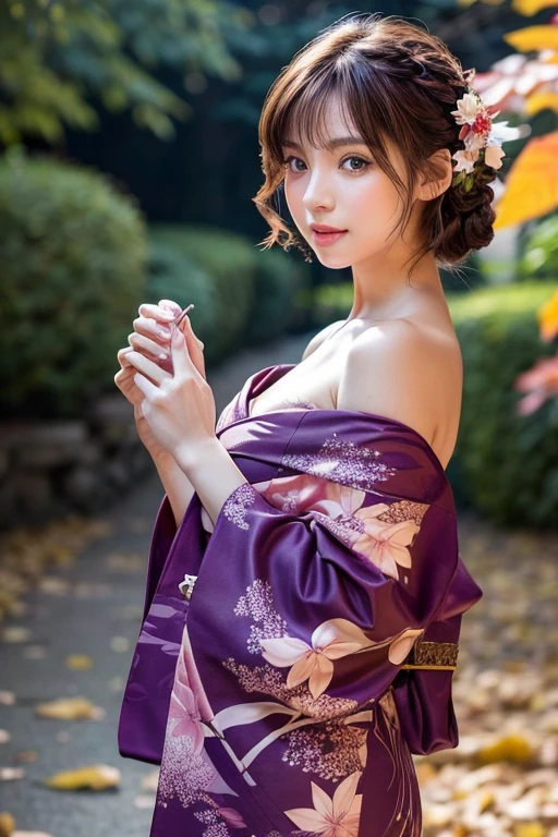 (masutepiece:1.3, Photorealsitic:1.4, 8K), top-quality, masterpiece, 超A high resolution, Professional camera work, Grow Light Effect, Realistic portrait, Cinematic Light, Highly detailed skin and facial texture:1.3, Perfect dynamic composition, The ultra-detailliert, A detailed eye, Detailed limbs, autumn night, Lit up, Autumn foliage scenery:1.2, 1girl in, Cute sexy 24 year old slim woman, Fair skin, Autumn leaves are dancing:1.2, (Enraptured look:0.9, Totally captivates you:1.0), (Purple kimono:1.35 off shoulder), (voluptuous breasts:0.9), (Facing the front, Calm pose), (Beautiful blue eyes, Eyes that feel beautiful eros:0.85), Sexy face:0.4, (A mouthfeel that feels beautiful eros:0.85), ((Too cute beauty:0.9))