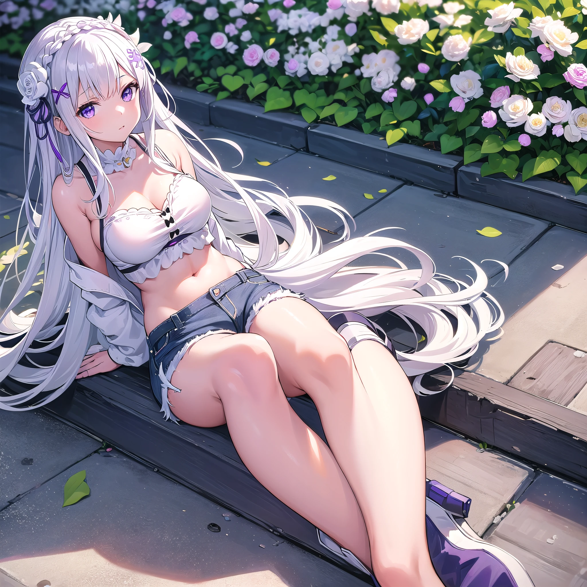 Masterpiece, best quality, 1girl, solo, Emilia re:zero, white hair, purple eyes, long hair, sexy, white flower hair ornament, x hair ornament, crown braid, medium breasts, jean shorts, white sports bra, in street,