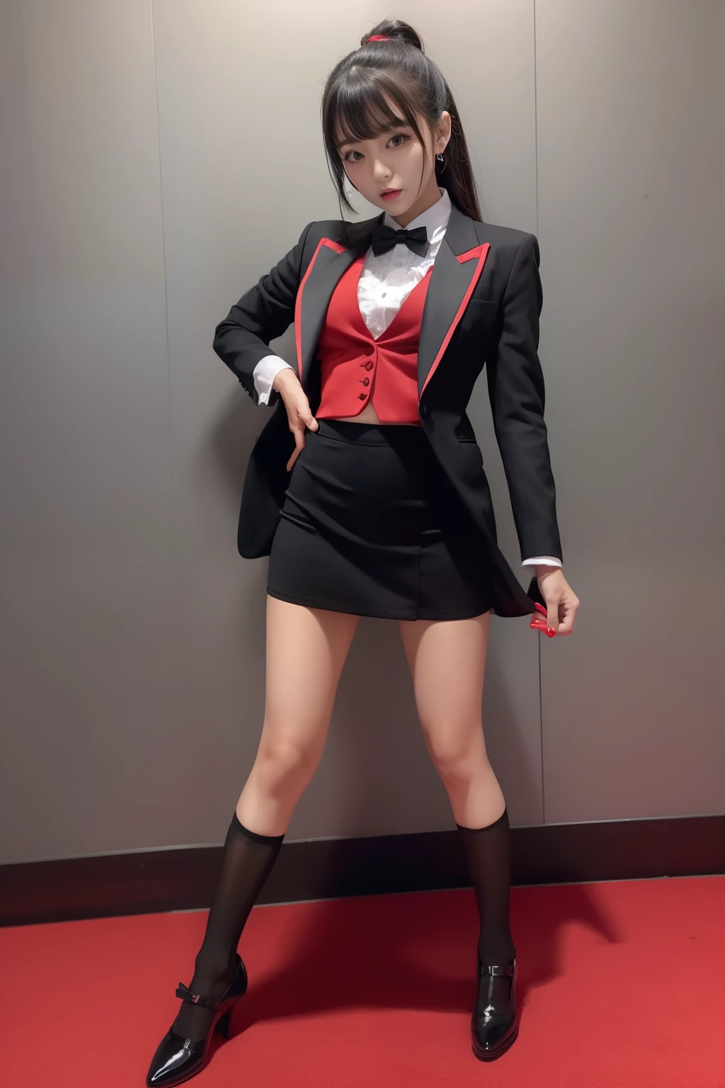 female idol、full body Esbian、Black tight mini skirt、、red formal tuxedo suit、、cool expression、I can see panties.Red shoes