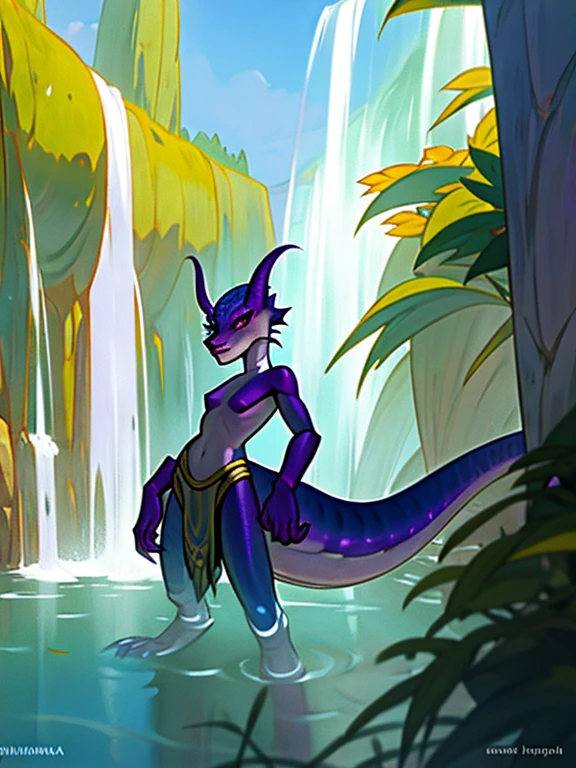 un Kobold de piel azul y lila, una hembra kobold, little Height, nudes, color de ojos esmeralda, cuernos lilas, 6 cuernos, small horns, anthro dragon art, Arte Antro, water dragon, Anthro, fantasy art, hermoso peludo, Lagarto Anthro, She is bathing and posing captivating in a river with waterfall , fantasy world, Mundo antiguo, estilo kemono, colores vibrantes, aesthetically pleasing, plano amplio desde arriba