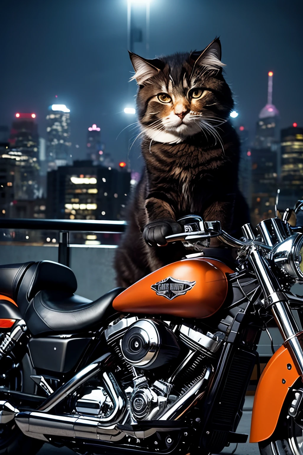 Fluffy cat with leather gloves on his paws and a cap on his head.. The cat sits on a large Harley Davidson motorcycle. Expensive chromed motorcycle, Biker cat rides a Harley motorcycle through the city at night. City with tall buildings and glowing night windows , advertisements glow at night