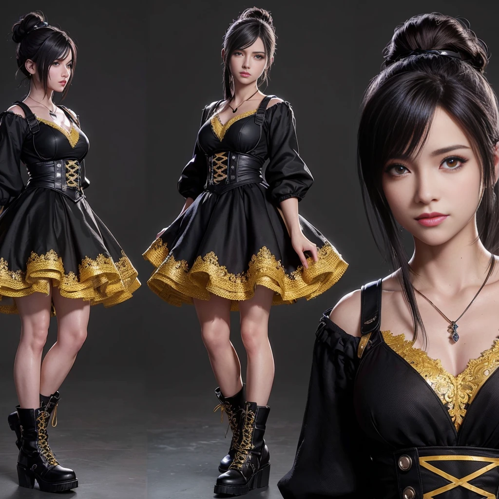(best quality,ultra-detalhado),(Realistic:1.37),Tifa Lockhart, Rosto bonito e detalhado, maquiagem preta nos olhos, expression serious, textura ultra realista, rosto delicado, corpo delicado, Fit physique, usando batom e brilho labial