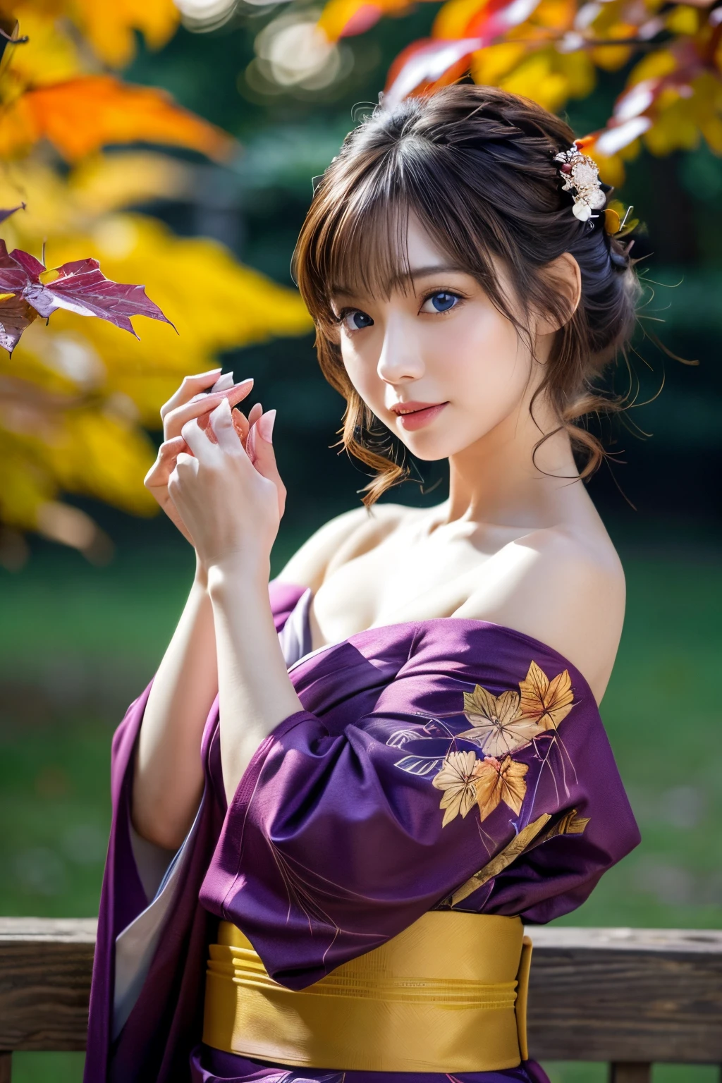 (masutepiece:1.3, Photorealsitic:1.4, 8K), top-quality, masterpiece, 超A high resolution, Professional camera work, Grow Light Effect, Realistic portrait, Cinematic Light, Highly detailed skin and facial texture:1.3, Perfect dynamic composition, The ultra-detailliert, A detailed eye, Detailed limbs, autumn night, Lit up, Autumn foliage scenery:1.2, 1girl in, Cute sexy 24 year old slim woman, Fair skin, Autumn leaves are dancing:1.2, (Enraptured look:0.9, Totally captivates you:1.0), (Purple kimono:1.35 off shoulder), (voluptuous breasts:0.9), (Facing the front, Calm pose), (Beautiful blue eyes, Eyes that feel beautiful eros:0.85), Sexy face:0.4, (A mouthfeel that feels beautiful eros:0.85), ((Too cute beauty:0.9))