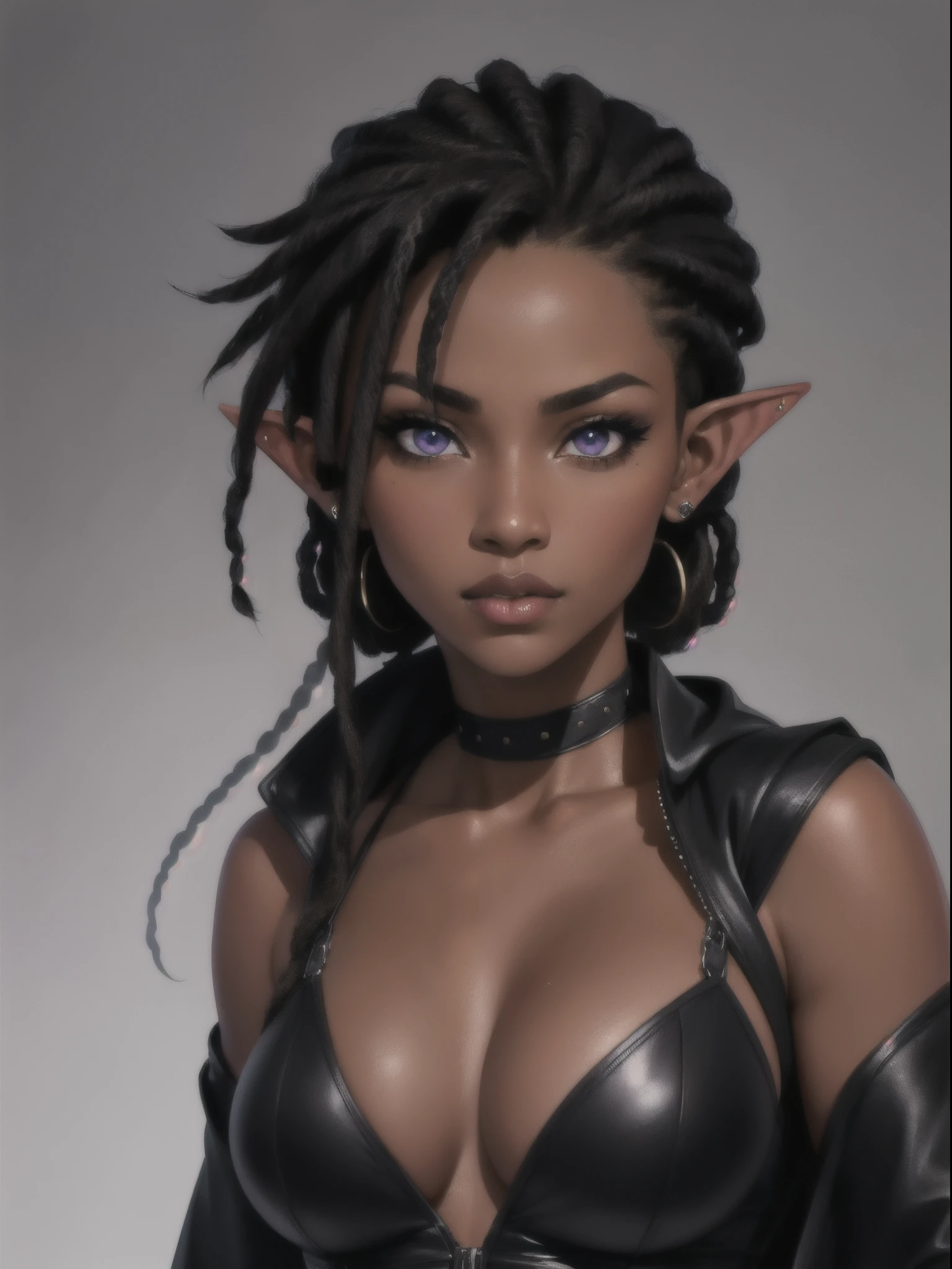 (Concept Art) of an (African-American) female, with dark (black dreadlocks), purple eyes, dark (brown skin), (pointed ears), (slutty assassin), sexy black robe, (lust) demon, (close-up shot), perfect composition, hyper-detailed, 8K, high quality, (perfect eyes), trending art, sharp focus, studio photo, intricate details, (Pin-up) pose, by Matteo Scalera