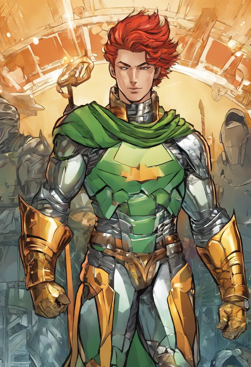 ((masterpiece)), ((best quality)), ((highres)), young man, tall, thin, slicked back red hair, short hair, smirking, liquid metal chrome armour, full body armour, green eyes, standing, full body