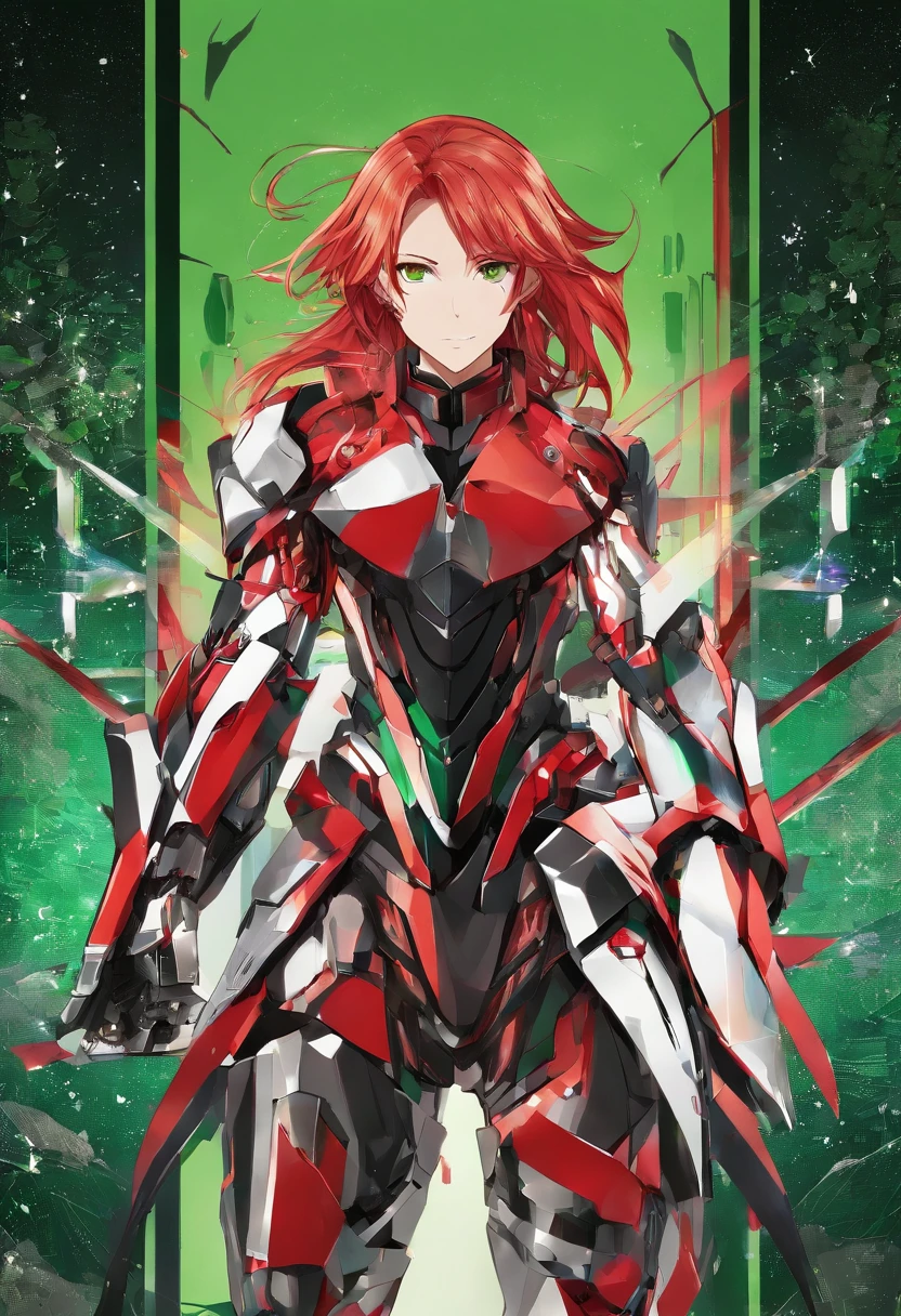 ((masterpiece)), ((best quality)), ((highres)), young man, tall, thin, slicked back red hair, short hair, smirking, liquid metal chrome armour, full body armour, green eyes, standing, full body