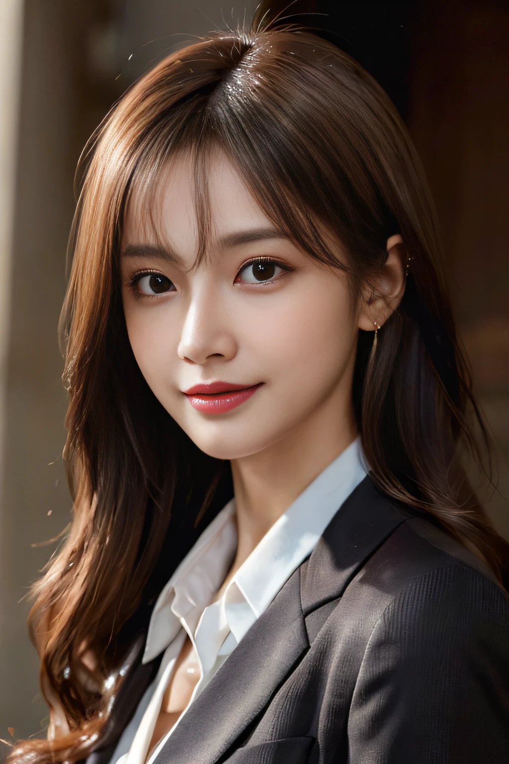 masutepiece, Best Quality, Photorealistic, Ultra-detailed, finely detail, High resolution, 8K Wallpaper, 1 beautiful woman,, light brown messy hair, in a business suit, foco nítido, Perfect dynamic composition, Beautiful detailed eyes, detailed hairs, Detailed realistic skin texture, Smiling, Close-up portrait, Model body type