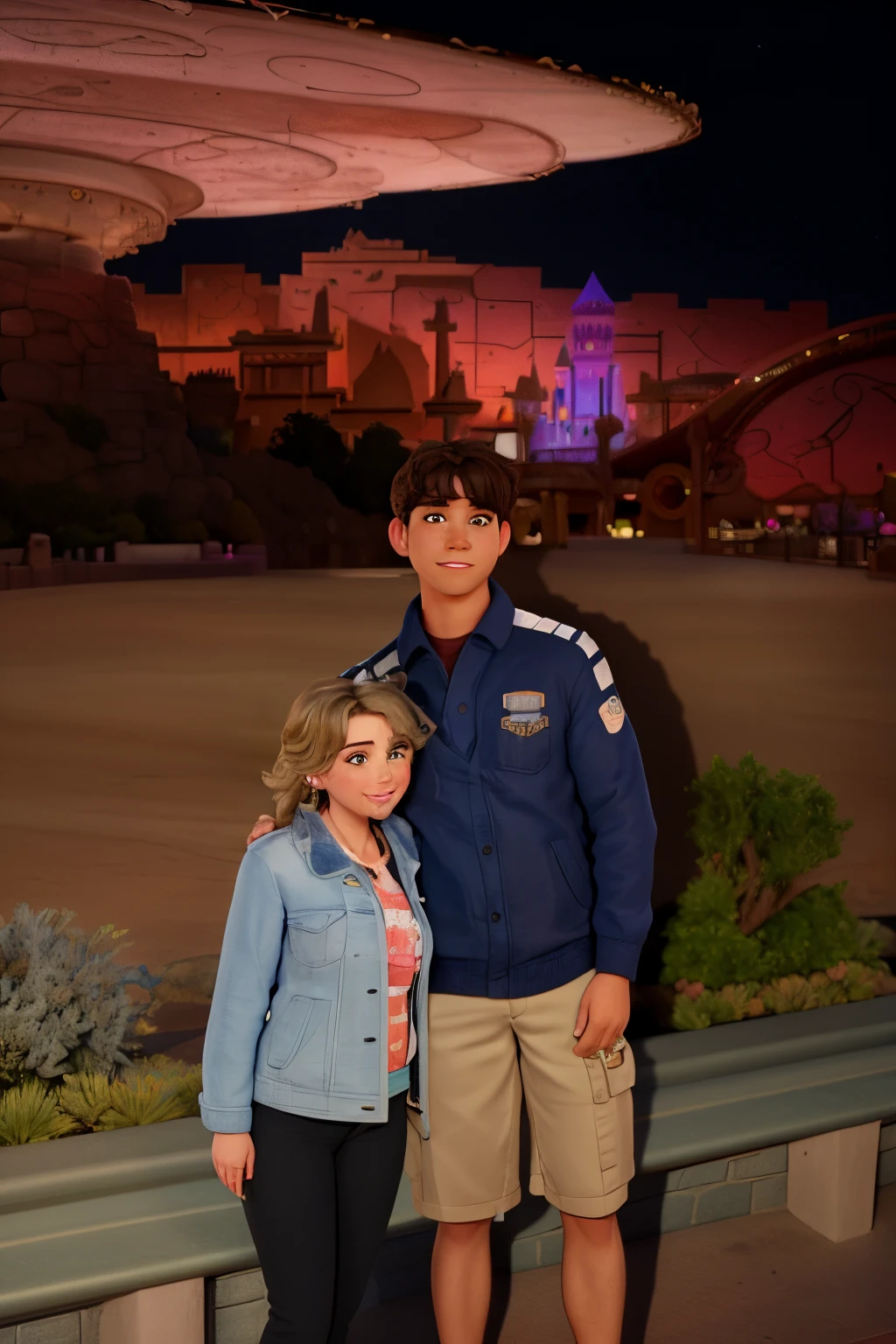 there is a man and a woman standing couple next to each other, at california adventure, disneyland as backdrop, nighttime!, vacation photo, nighttime!!, disney land, disneyland background, background is disneyland castle, disney 8 k photo, photo taken in 2 0 2 0, disneyland, animal kingdom, taken in silver dollar city, scenic full shot, magic kingdom, profile picture