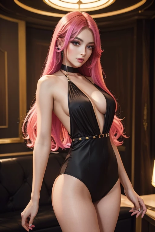 (best quality,highres,masterpiece:1.2), fashionable woman, long flowing hair, short romper, pantyhose, vibrant colors, studio lighting, glamorous makeup