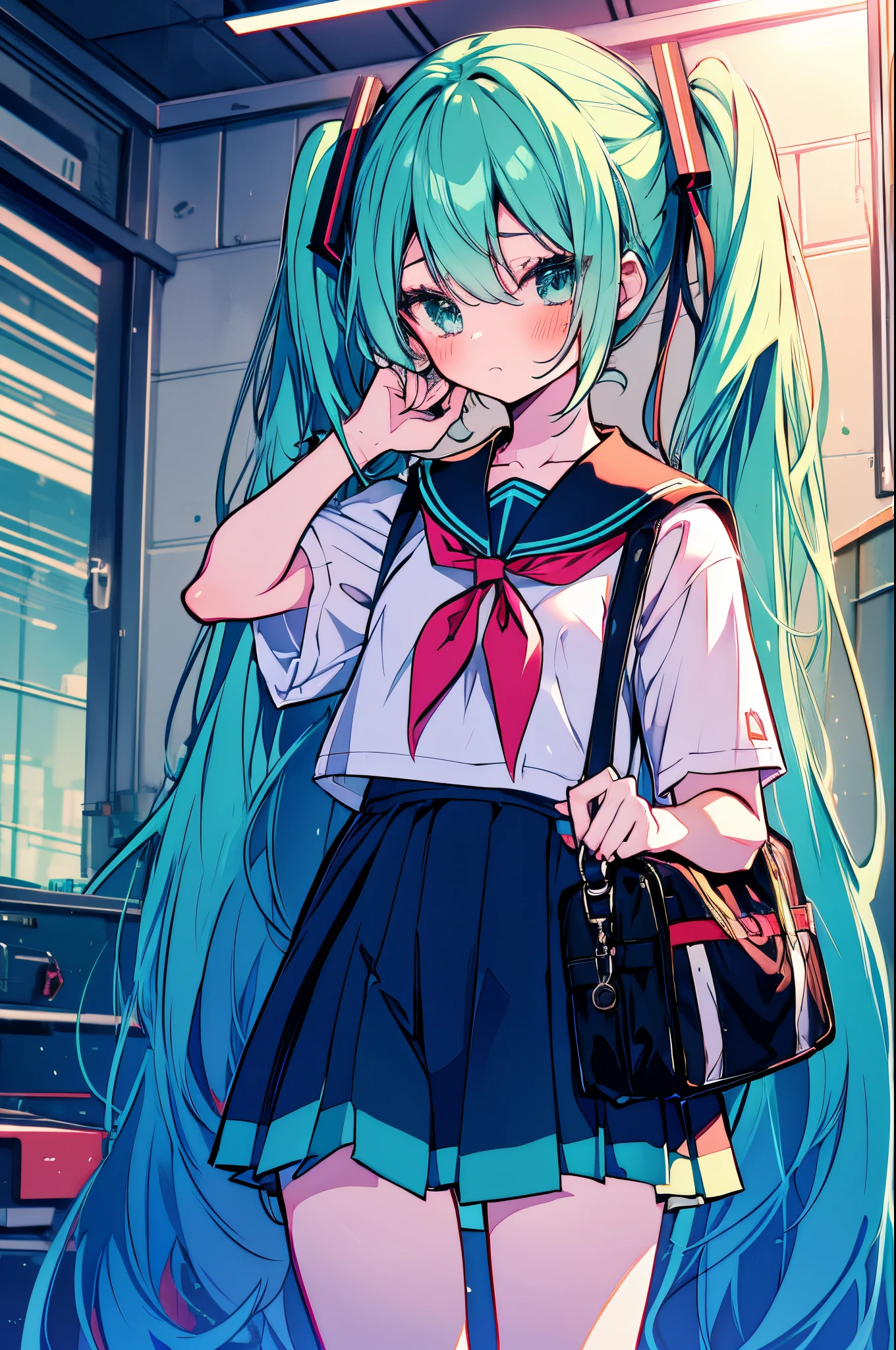 a anime style photo of a girl with big blue and green hair using her smartphone, 1girl, hatsune miku, skirt, solo, pleated skirt, long hair, twintails, phone, school uniform, bag, :t, serafuku, very long hair, pout, cellphone, shirt, red neckerchief, black skirt, holding, charm (object), blush, neckerchief, holding phone, short sleeves, sailor collar, nail polish, ribbon, hair between eyes, hair ribbon, white shirt