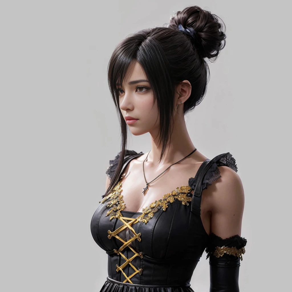 (best quality,ultra-detalhado),(Realistic:1.37),Tifa Lockhart, Rosto bonito e detalhado, maquiagem preta nos olhos, expression serious, textura ultra realista, rosto delicado, corpo delicado, Fit physique, usando batom e brilho labial