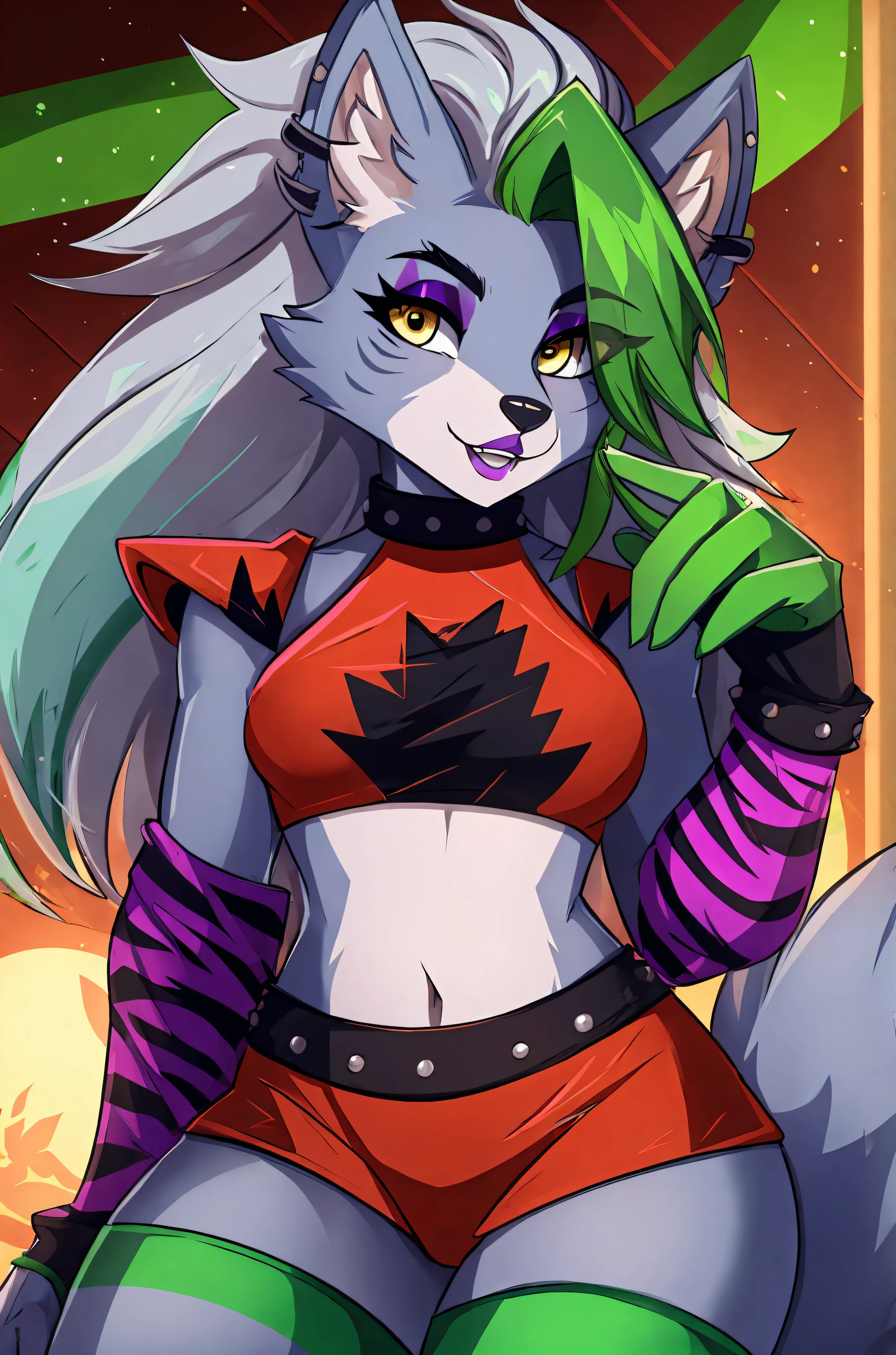 best quality, fnafroxanne, furry female, body fur, makeup, wolf ears, wolf tail, grey hair, green hair, yellow eyes, crop top,