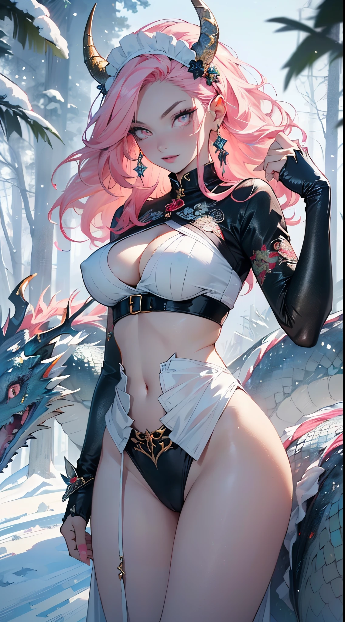 lamia from ancient Egypt,(((lamia,monster girl))),

(((pink_eyes:1.3,red_pupils)),intricate eyes,beautiful detailed eyes,symmetrical eyes,((((pink horns,pink scales,scaly ,scales ,scaly skin)))),(large breasts:1.5),((((long pink hair,pink hair,colored inner hair)))),((((porcelain skin,pale skin,lustrous skin:1.5,tanned skin,bright skin: 1.5,skin tanned,shiny skin,very shiny skin,shiny body)))),(spider lower abdomen,narrow waist,wide hip,bimbo body,inflated legs,),(((detailed face))),

cute,slutty,sensual,seductive look,seductive,((erotic)),opulent,sumptuous,longingly,(((nsfw))),

((((maid headdress,maid,maid clothing, maid cloth)))),revealing clothing,show skin,cleavage,((underboob)),(barefoot,),((impenetrable and beautiful dragon scales:1.4,dragon scales)),(((intricate outfit,intricate clothes,embroidered outfit,ornate outfit,embroidered clothes,ornate clothes))),

(dynamic pose:1.0),embarrassed,(centered,scale to fit dimensions,Rule of thirds),

((snowy pine forest at night)),with dark stormy clouds,winter,scenery:1.25,((snow forest background)),Christmas tree,

(Glossy winter ornaments),highres,sharp focus,(ultra detailed,extremely detailed),(photorealistic artwork:1.37),(extremely detailed CG unity 8k wallpaper),(((vibrant colors,vibrant theme))),(intricate),(masterpiece),(best quality),