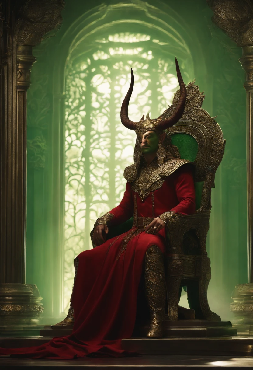 Erlik resides in a palace made of green iron in the lowest layer of the underworld, seated on a silver throne. He has created a sun with a dark red glow that emits very little light, and commands nine horned bulls.