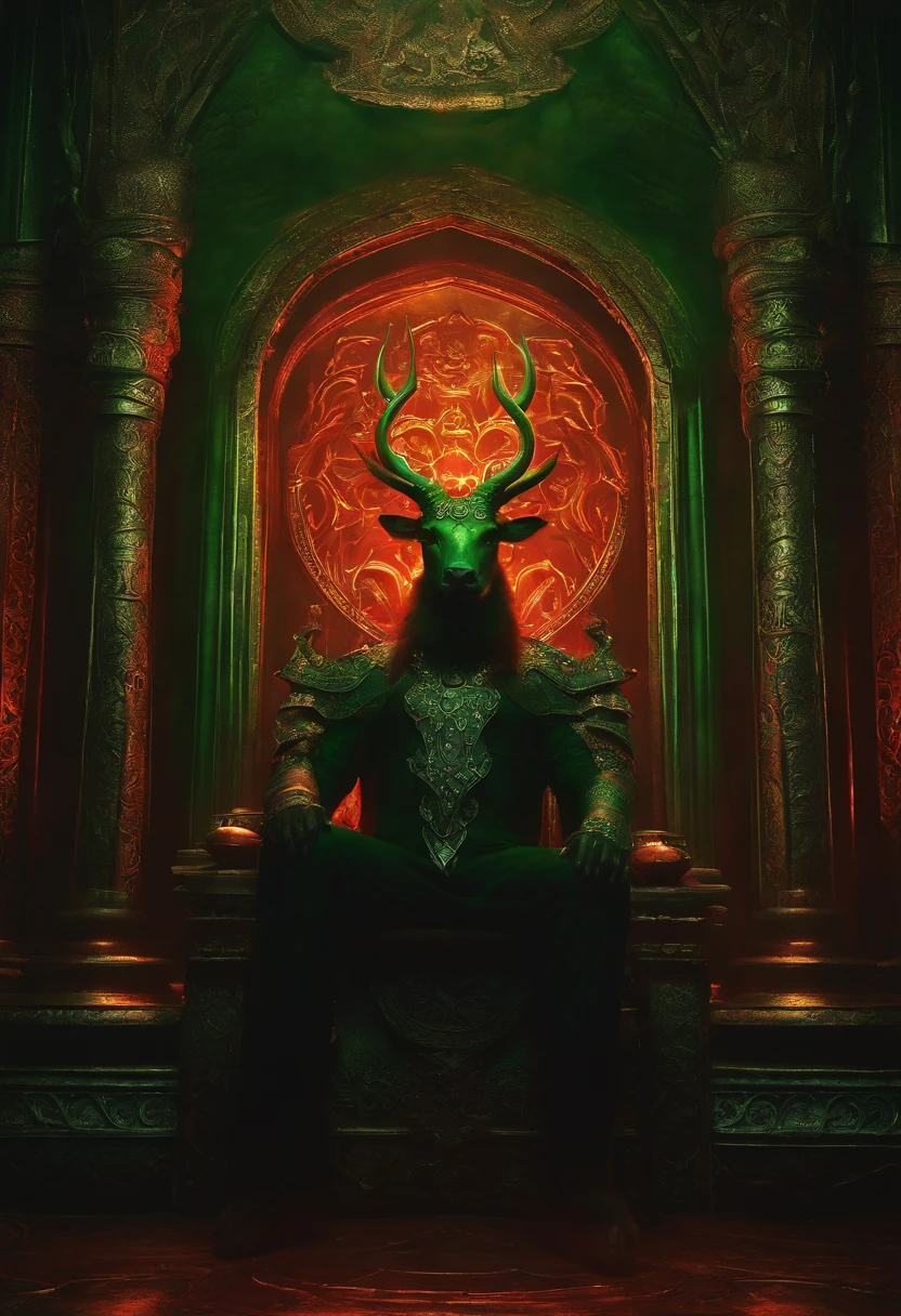 Erlik resides in a palace made of green iron in the lowest layer of the underworld, seated on a silver throne. He has created a sun with a dark red glow that emits very little light, and commands nine horned bulls.