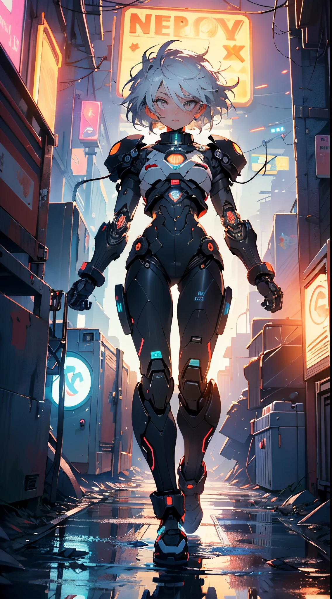 (((TV robot with mechanical arms and legs))),
(((tiny little robot chibi))) with ((((TV head)))). He has (((shaped like a cube with mechanical arms and legs))),and a (((screen on his face))) that displays emoticons and coded messages,Strange head, black tv head,detailed TV head,intricate robot,
(((Object_head,televison_head))),
(dynamic pose:1.0),solo focus,(centered,scale to fit dimensions,Rule of thirds),
cyberpunk city by the ocean at night, with bright neon signs and dark stormy clouds and puddles, scenery:1.25,nighttime, starry night, cosmos,Very dark night that makes the neon lights stand out, very bright neon lights,nighttime, starry night, cosmos,
artistic photography,(photography taken by sldr),highres, sharp focus, (ultra detailed, extremely detailed), (photorealistic artwork:1.37),(extremely detailed CG unity 8k wallpaper),((synthwave background theme)),(((vibrant colors))),(intricate background),(masterpiece),(best quality)