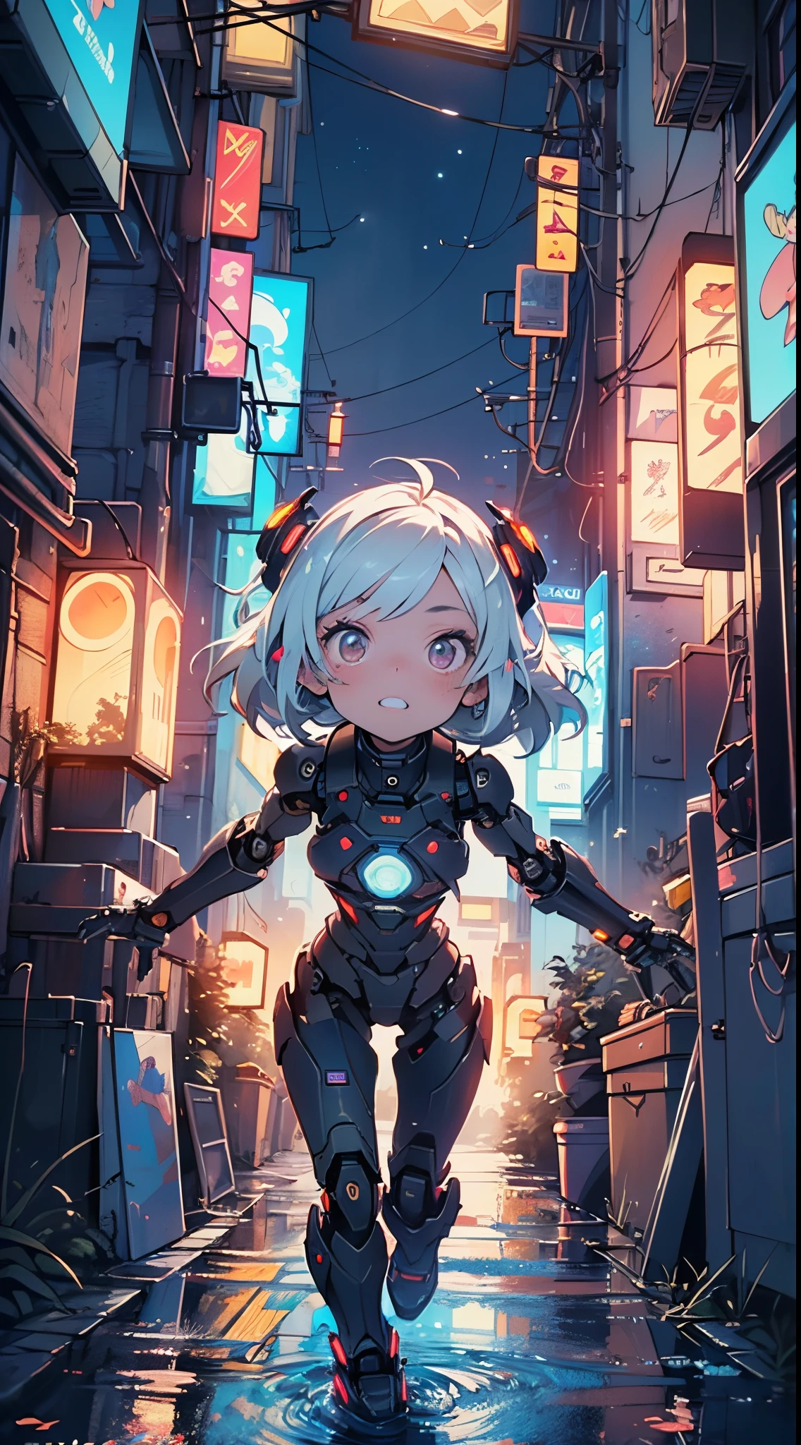 (((TV robot with mechanical arms and legs))),
(((tiny little robot chibi))) with ((((TV head)))). He has (((shaped like a cube with mechanical arms and legs))),and a (((screen on his face))) that displays emoticons and coded messages,Strange head, black tv head,detailed TV head,intricate robot,
(((Object_head,televison_head))),
(dynamic pose:1.0),solo focus,(centered,scale to fit dimensions,Rule of thirds),
cyberpunk city by the ocean at night, with bright neon signs and dark stormy clouds and puddles, scenery:1.25,nighttime, starry night, cosmos,Very dark night that makes the neon lights stand out, very bright neon lights,nighttime, starry night, cosmos,
artistic photography,(photography taken by sldr),highres, sharp focus, (ultra detailed, extremely detailed), (photorealistic artwork:1.37),(extremely detailed CG unity 8k wallpaper),((synthwave background theme)),(((vibrant colors))),(intricate background),(masterpiece),(best quality)