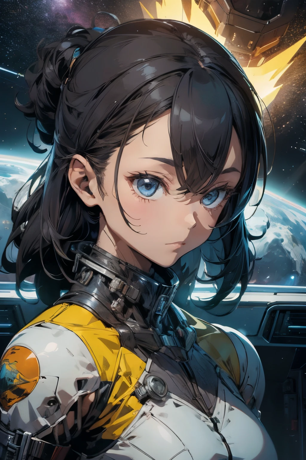 Uma personagem feminina de quadrinhos, com trajes espaciais, traveling through space in a spaceship. A personagem deve ser baseada no estilo de arte de Jim Lee, with strong, angular features. The image must be appropriate for all ages and must not contain sexual or violent content.