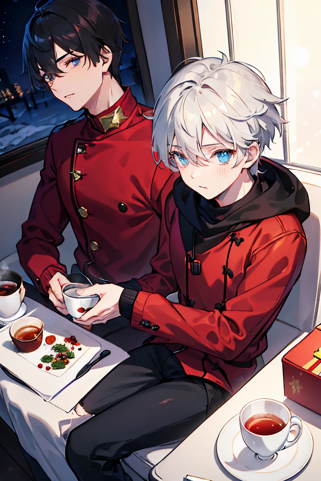 male people　A dark-haired　blue eyess　Red coat　Sweaters　Black slacks　long boots　Christmas　cake and tea　​masterpiece　Top image quality　denoise　Clear 　cinematic shadow　Increased attractiveness of the eyes　Clear the shine of the eyes　Draw eyelashes neatly　Perfect Eye　A detailed eye　Sharpen image quality　Sharpen eye writing　Clear eye shape