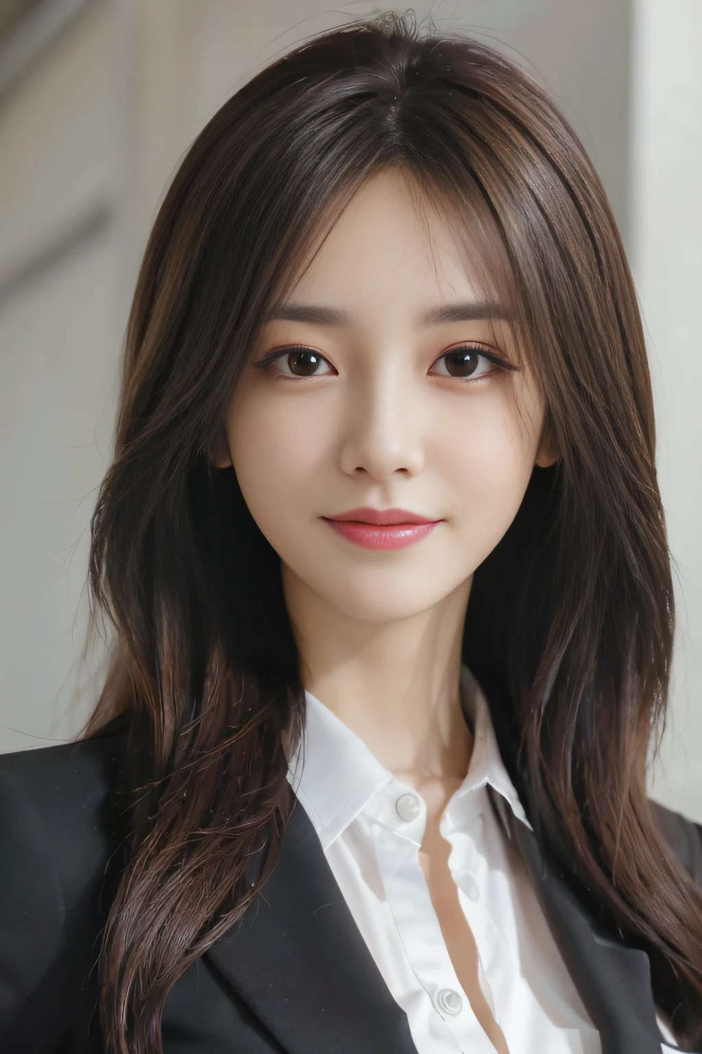 masutepiece, Best Quality, Photorealistic, Ultra-detailed, finely detail, High resolution, 8K Wallpaper, 1 beautiful woman,, light brown messy hair, in a business suit, foco nítido, Perfect dynamic composition, Beautiful detailed eyes, detailed hairs, Detailed realistic skin texture, Smiling, Close-up portrait, Model body type