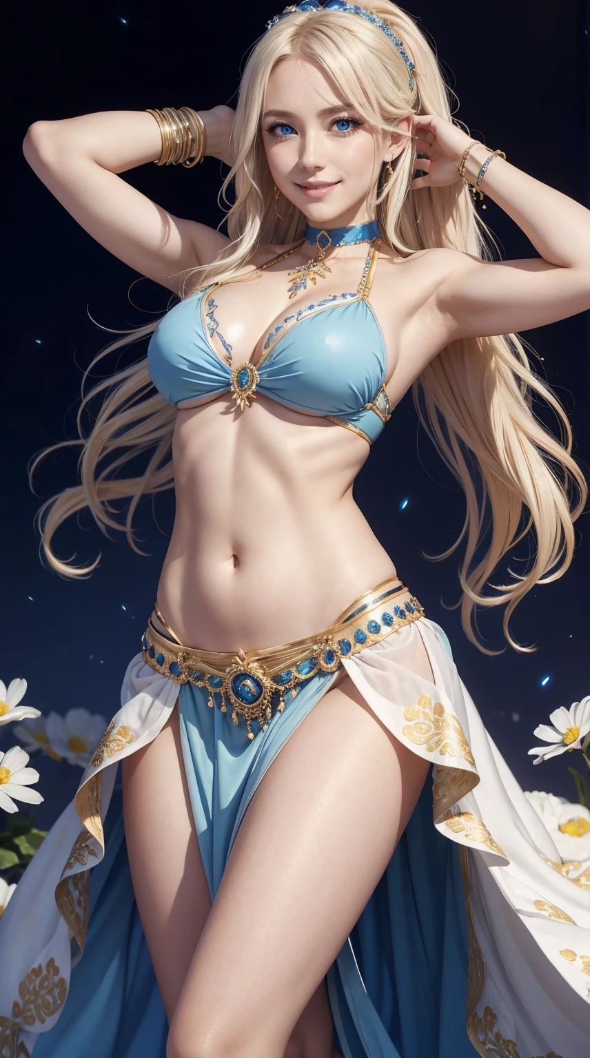 27 year old white woman、platinum-blonde、blue eyess、Semi-long、My hair is wavy、completely nude woman、completely pubic hair、Fully grown armpit hair、accessories on the wrist、wearing a choker、a smile、I can see the belly button、My abs are cracked、wearing tops、I'm wearing leggings、a smile、A blizzard of flowers is falling、wearing a belly dance costume、dancing passionately
