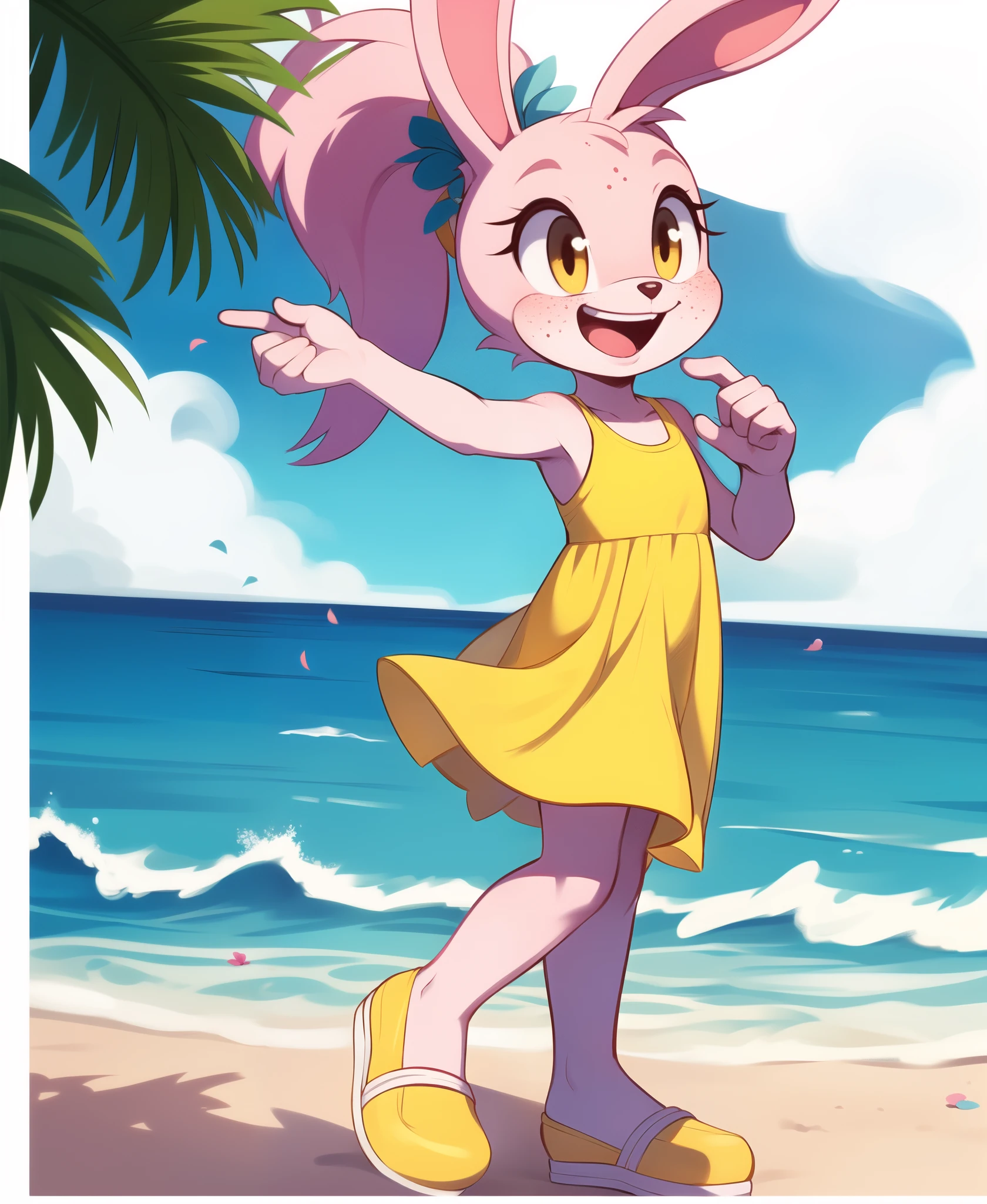 pink bunny mobian, pink rabbit mobian, ponytail, detailed outfit, yellow eyes, flat chest, hair charms, hair decoration, cute, freckles, tropical island, beach, blue ocean, blue sky, swimsuit, yellow dress, smile, laughing, flower, simple background, full body, white background, border, outside border, tachi-e