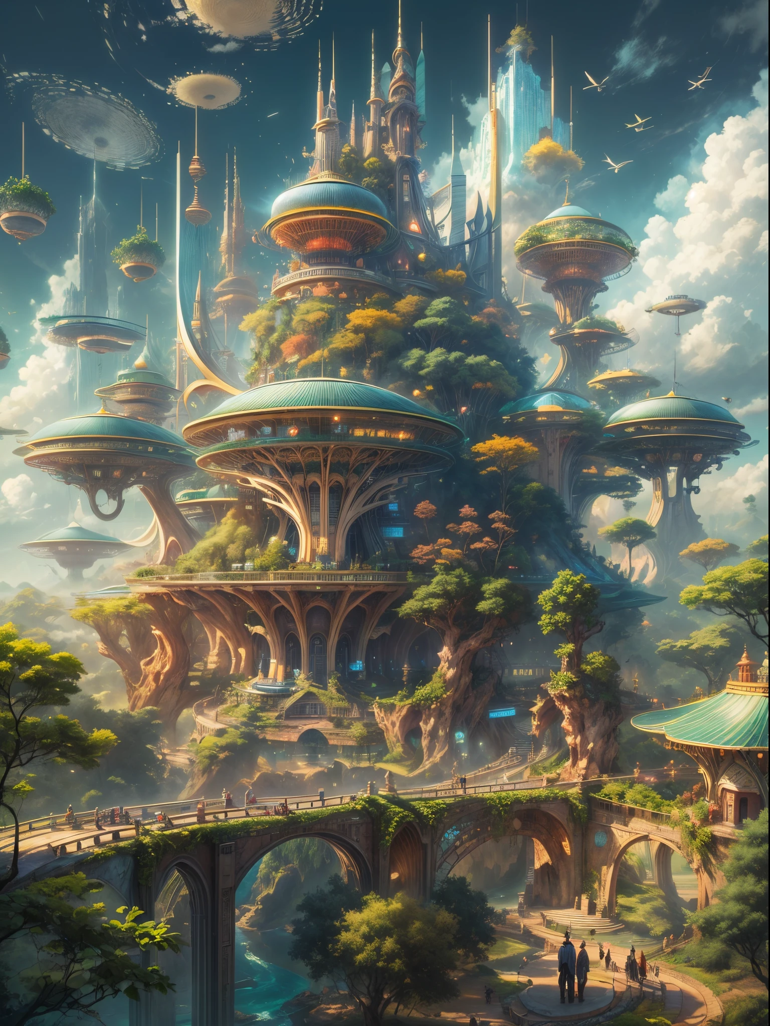 (((A utopian world full of futuristic science fiction and fairy tale elements,Mechanical metal combined with classical mythological elements))),(In this illustration of a utopian world,describe a fairy tale、An ideal country with science fiction elements。A majestic city in the background,The architectural style combines futuristic and sci-fi elements。Soaring towers and modern glass buildings complement ancient pavilions and temples。The city is surrounded by verdant forests and clear rivers,Show the harmonious coexistence between man and nature。In the center of the city),(There is a huge secret garden,There are all kinds of wonderful plants and creatures growing inside。Some trees can talk.、Singing birds and various cute animals。In the corner of the garden,There is a huge castle,Its towers soar into the sky)。(science fiction elements:In this utopian world,Technology and nature coexist harmoniously。High-speed maglev trains shuttle through the city,People fly freely in the air in environmentally friendly aircraft.。Cities powered by solar energy、wind energy、Renewable resources such as water energy,Ensure ecological sustainable development)。(culture:In this utopian world,Cultures of various countries coexist harmoniously,people respect each other、learn from each other'traditions and customs。There are various styles of buildings in the city、Sculpture and Artwork,Showcasing the essence of cultures from around the world), (The content is very detailed, Well designed, Clear lines, k hd, Best quality, tmasterpiece, offcial art, movie light effect, 8K), (Perspectives, first person perspective, Ghibli-style colors, Luminism, 电影灯光, hyper HD, tmasterpiece, Acura, Anatomically correct, ctextured skin, super detailing, high detal, high high quality, Award-Awarded, Best quality, 16k)