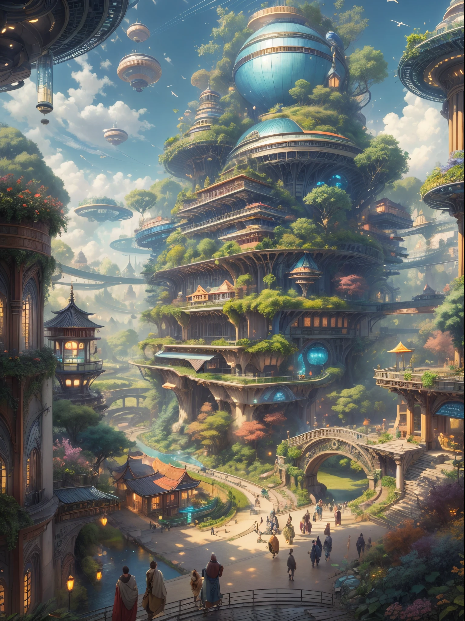 (((A utopian world full of futuristic science fiction and fairy tale elements，Mechanical metal combined with classical mythological elements)))，(In this illustration of a utopian world，describe a fairy tale、An ideal country with science fiction elements。A majestic city in the background，The architectural style combines futuristic and sci-fi elements。Soaring towers and modern glass buildings complement ancient pavilions and temples。The city is surrounded by verdant forests and clear rivers，Show the harmonious coexistence between man and nature。In the center of the city)，(There is a huge secret garden，There are all kinds of wonderful plants and creatures growing inside。Some trees can talk.、Singing birds and various cute animals。In the corner of the garden，There is a huge castle，Its towers soar into the sky)。(science fiction elements：In this utopian world，Technology and nature coexist harmoniously。High-speed maglev trains shuttle through the city，People fly freely in the air in environmentally friendly aircraft.。Cities powered by solar energy、wind energy、Renewable resources such as water energy，Ensure ecological sustainable development)。(culture：In this utopian world，Cultures of various countries coexist harmoniously，people respect each other、learn from each other&#39;traditions and customs。There are various styles of buildings in the city、Sculpture and Artwork，Showcasing the essence of cultures from around the world), (The content is very detailed, Well designed, Clear lines, k hd, Best quality, tmasterpiece, offcial art, movie light effect, 8K)， (Perspectives, first person perspective, Ghibli-style colors, Luminism, 电影灯光, hyper HD, tmasterpiece, Acura, Anatomically correct, ctextured skin, super detailing, high detal, high high quality, Award-Awarded, Best quality, 16k)