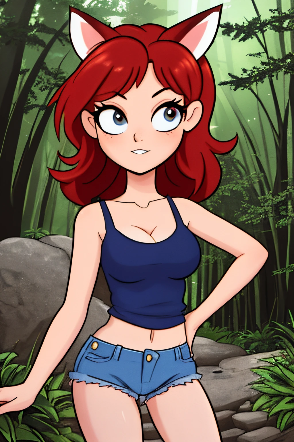 close up 1girl in, ager, Solo, vibrant red hair, straight red hair, short red hair, light gray eyes, some small freckles, (dark red fox ears:1.25), pale skin, medium breasts, cleavage, runners body, (thin hips, thin waist: 1.25), (arched back:1.12), detailed skin, mischievous face, pouting, revealing clothes, (wearing cropped tank top, blue jean shorts ripped: 1.1), looking at viewer, (crouching: 1.22), (detailed magical forest background:1.1), creek, overlooking opening in forest, relaxing, 4k textures, soft light, elegant, highly detailed, sharp focus, soothing tones, insane details, intricate details, hyperdetailed, low contrast, exposure blend, hdr, faded