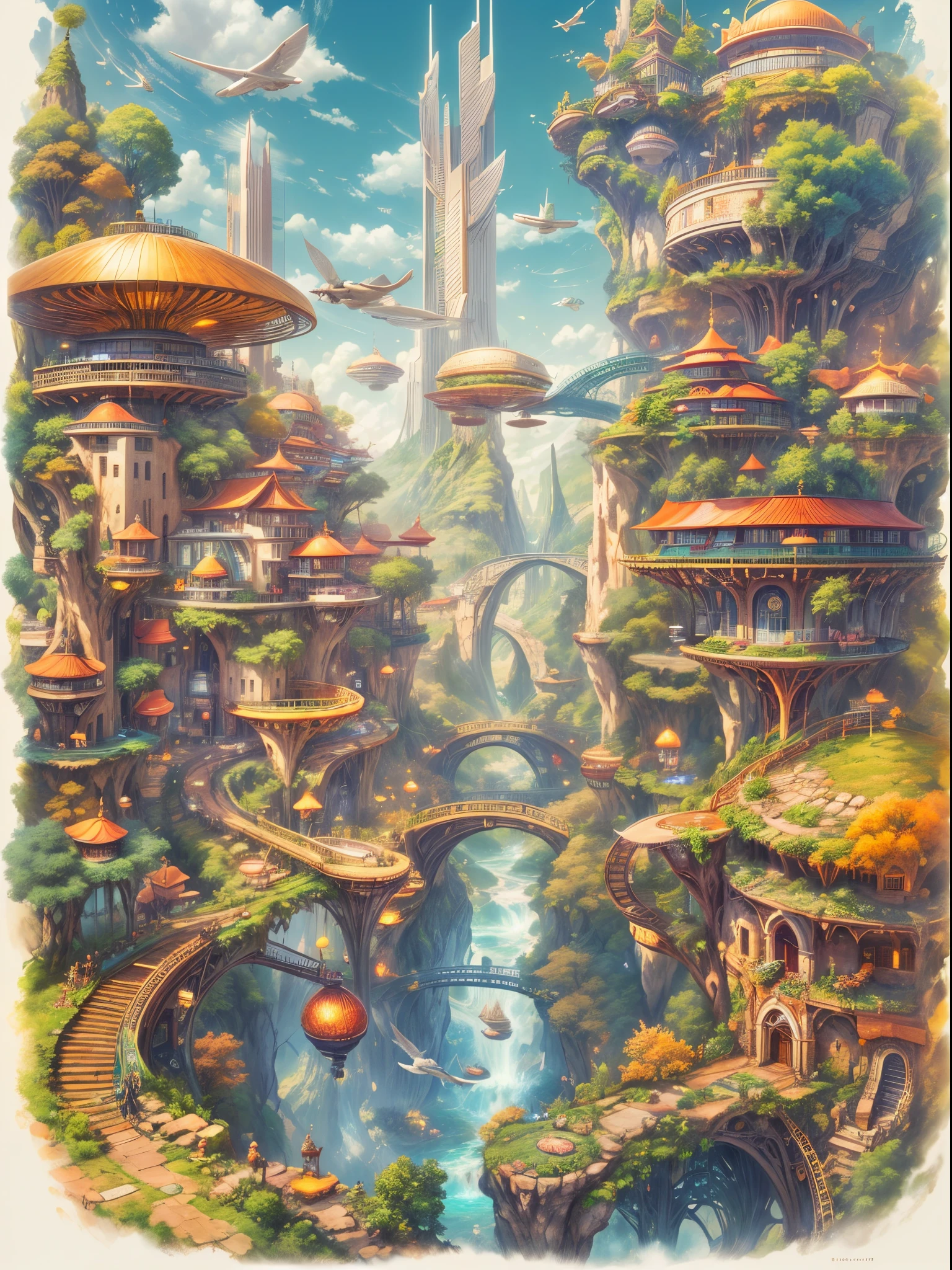 (((A utopian world full of futuristic science fiction and fairy tale elements，Mechanical metal combined with classical mythological elements)))，(In this illustration of a utopian world，describe a fairy tale、An ideal country with science fiction elements。A majestic city in the background，The architectural style combines futuristic and sci-fi elements。Soaring towers and modern glass buildings complement ancient pavilions and temples。The city is surrounded by verdant forests and clear rivers，Show the harmonious coexistence between man and nature。In the center of the city)，(There is a huge secret garden，There are all kinds of wonderful plants and creatures growing inside。Some trees can talk.、Singing birds and various cute animals。In the corner of the garden，There is a huge castle，Its towers soar into the sky)。(science fiction elements：In this utopian world，Technology and nature coexist harmoniously。High-speed maglev trains shuttle through the city，People fly freely in the air in environmentally friendly aircraft.。Cities powered by solar energy、wind energy、Renewable resources such as water energy，Ensure ecological sustainable development)。(culture：In this utopian world，Cultures of various countries coexist harmoniously，people respect each other、learn from each other&#39;traditions and customs。There are various styles of buildings in the city、Sculpture and Artwork，Showcasing the essence of cultures from around the world), (The content is very detailed, Well designed, Clear lines, k hd, Best quality, tmasterpiece, offcial art, movie light effect, 8K)， (Perspectives, first person perspective, Ghibli-style colors, Luminism, 电影灯光, hyper HD, tmasterpiece, Acura, Anatomically correct, ctextured skin, super detailing, high detal, high high quality, Award-Awarded, Best quality, 16k)