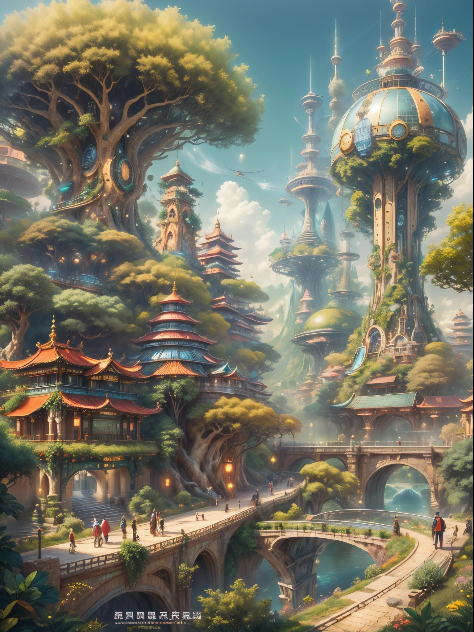 (((A utopian world full of futuristic science fiction and fairy tale elements，Mechanical metal combined with classical mythological elements)))，(In this illustration of a utopian world，describe a fairy tale、An ideal country with science fiction elements。A majestic city in the background，The architectural style combines futuristic and sci-fi elements。Soaring towers and modern glass buildings complement ancient pavilions and temples。The city is surrounded by verdant forests and clear rivers，Show the harmonious coexistence between man and nature。In the center of the city)，(There is a huge secret garden，There are all kinds of wonderful plants and creatures growing inside。Some trees can talk.、Singing birds and various cute animals。In the corner of the garden，There is a huge castle，Its towers soar into the sky)。(science fiction elements：In this utopian world，Technology and nature coexist harmoniously。High-speed maglev trains shuttle through the city，People fly freely in the air in environmentally friendly aircraft.。Cities powered by solar energy、wind energy、Renewable resources such as water energy，Ensure ecological sustainable development)。(culture：In this utopian world，Cultures of various countries coexist harmoniously，people respect each other、learn from each other&#39;traditions and customs。There are various styles of buildings in the city、Sculpture and Artwork，Showcasing the essence of cultures from around the world), (The content is very detailed, Well designed, Clear lines, k hd, Best quality, tmasterpiece, offcial art, movie light effect, 8K)， (Perspectives, first person perspective, Ghibli-style colors, Luminism, 电影灯光, hyper HD, tmasterpiece, Acura, Anatomically correct, ctextured skin, super detailing, high detal, high high quality, Award-Awarded, Best quality, 16k)