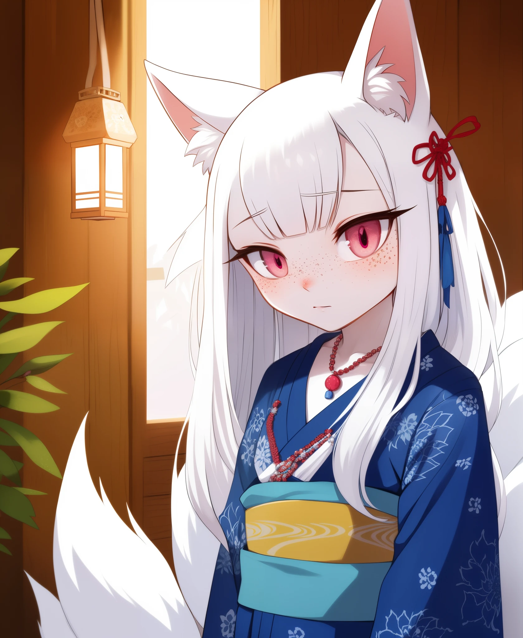 White fur, Nine Tails, Blue Japanese kimono, necklace, long hair, Shy, freckles, Shy face, nine tails, masterpiece, illustration, intricate detailed eyes, 1girl, detailed light, pink eyes