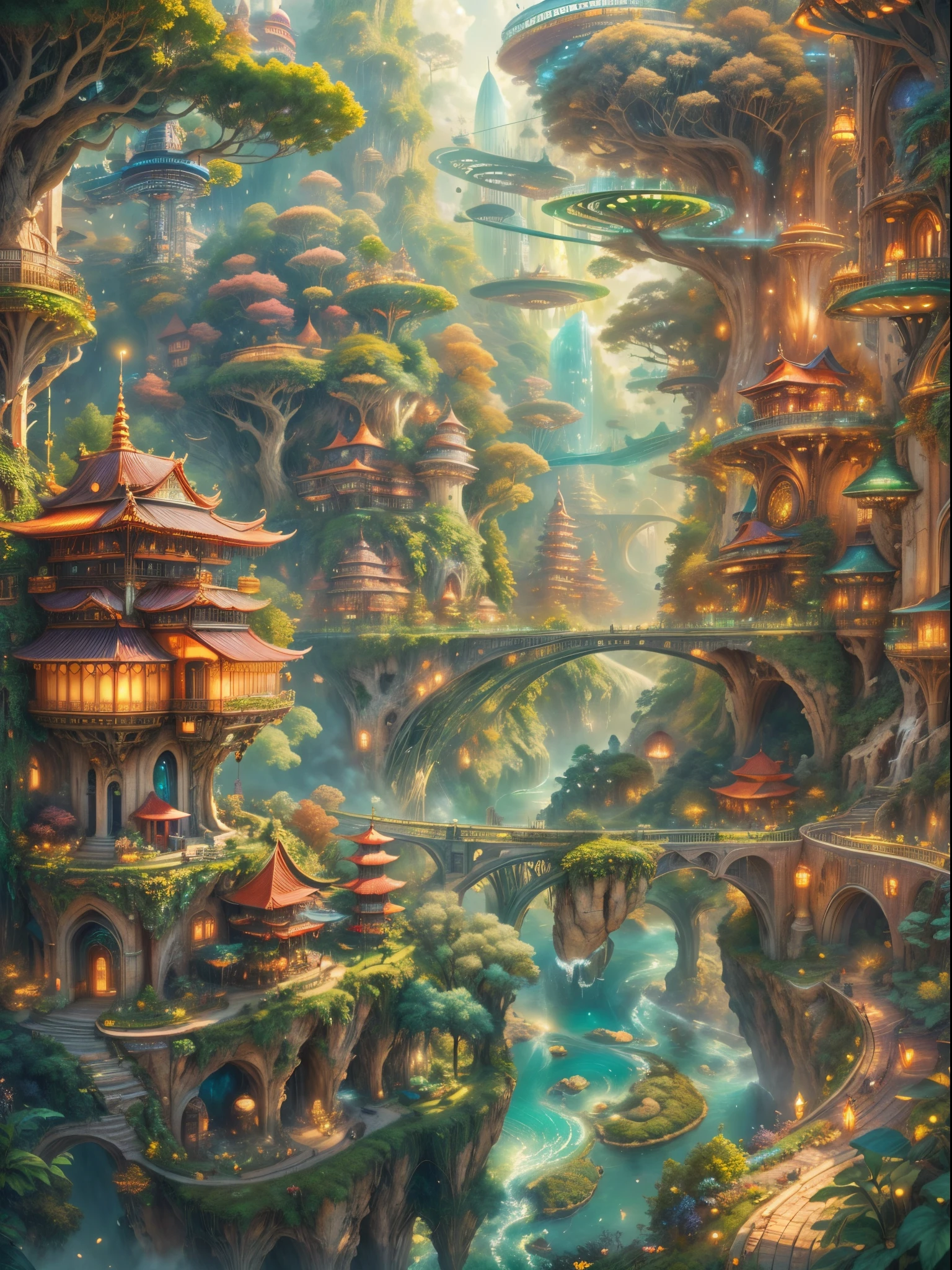 (((A utopian world full of futuristic science fiction and fairy tale elements，Mechanical metal combined with classical mythological elements)))，(In this illustration of a utopian world，describe a fairy tale、An ideal country with science fiction elements。A majestic city in the background，The architectural style combines futuristic and sci-fi elements。Soaring towers and modern glass buildings complement ancient pavilions and temples。The city is surrounded by verdant forests and clear rivers，Show the harmonious coexistence between man and nature。In the center of the city)，(There is a huge secret garden，There are all kinds of wonderful plants and creatures growing inside。Some trees can talk.、Singing birds and various cute animals。In the corner of the garden，There is a huge castle，Its towers soar into the sky)。(science fiction elements：In this utopian world，Technology and nature coexist harmoniously。High-speed maglev trains shuttle through the city，People fly freely in the air in environmentally friendly aircraft.。Cities powered by solar energy、wind energy、Renewable resources such as water energy，Ensure ecological sustainable development)。(culture：In this utopian world，Cultures of various countries coexist harmoniously，people respect each other、learn from each other&#39;traditions and customs。There are various styles of buildings in the city、Sculpture and Artwork，Showcasing the essence of cultures from around the world), (The content is very detailed, Well designed, Clear lines, k hd, Best quality, tmasterpiece, offcial art, movie light effect, 8K)， (Perspectives, first person perspective, Ghibli-style colors, Luminism, 电影灯光, hyper HD, tmasterpiece, Acura, Anatomically correct, ctextured skin, super detailing, high detal, high high quality, Award-Awarded, Best quality, 16k)