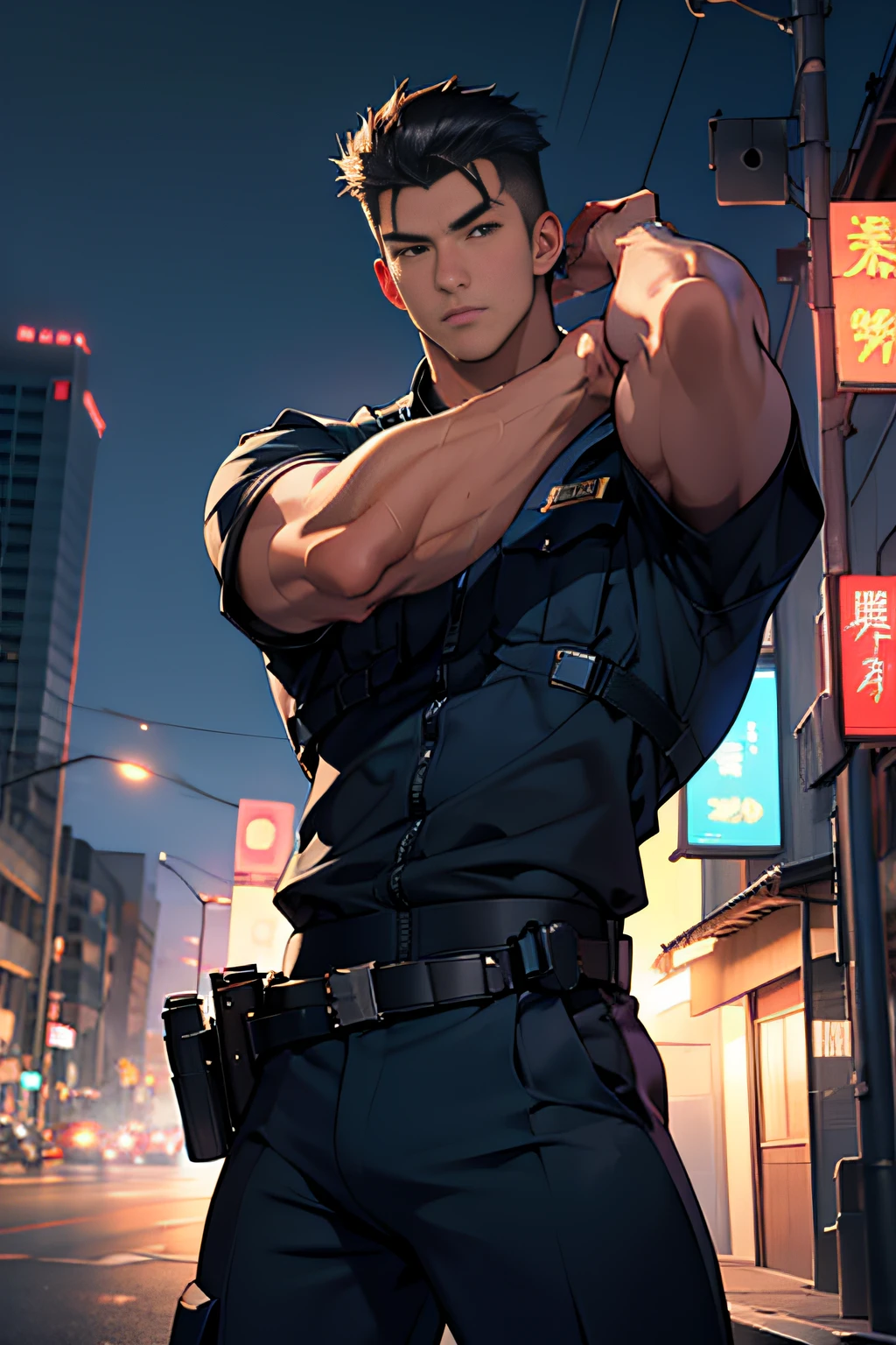 Anime Asian male police officer, 20 age, Wearing a navy police uniform, high-res, masterpiece, Best qualtiy, head:1.3,((Hasselblad photo)), Realistic skin, Clear focus, (Cinematic lighting), During the night, gentle lighting, dynamic angle, [:(detailed face:1.2):0.2],(((exercise))), athletic, The arm muscles are very large., Hand in crotch.