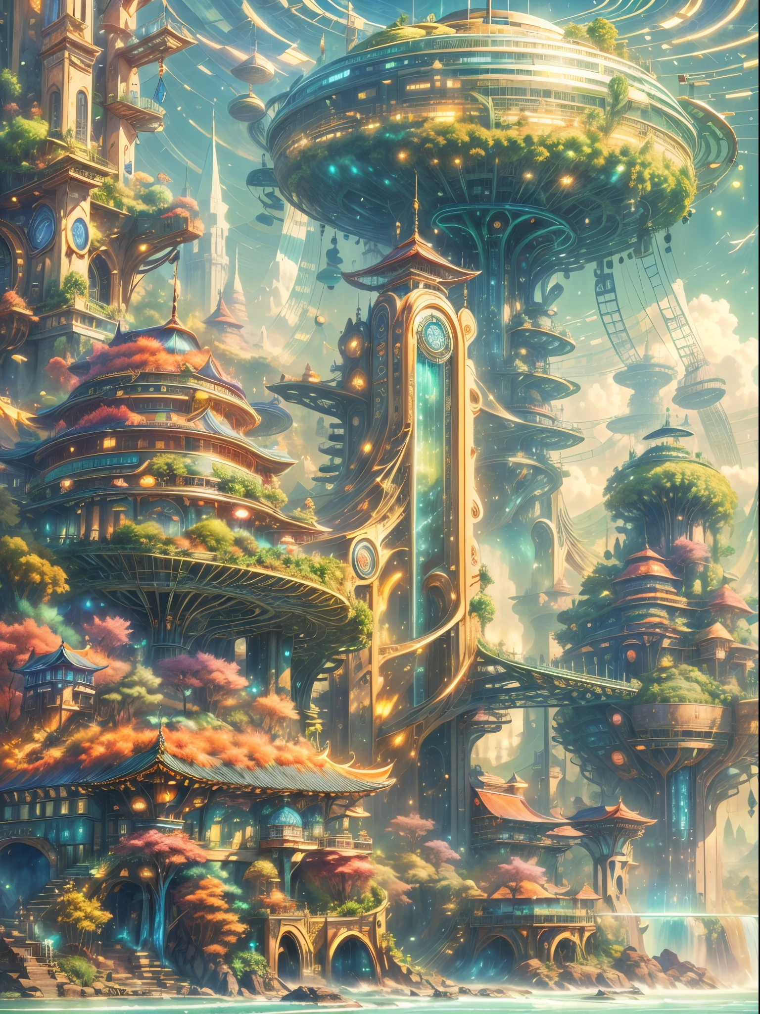 (((A utopian world full of futuristic science fiction and fairy tale elements，Mechanical metal combined with classical mythological elements)))，(In this illustration of a utopian world，describe a fairy tale、An ideal country with science fiction elements。A majestic city in the background，The architectural style combines futuristic and sci-fi elements。Soaring towers and modern glass buildings complement ancient pavilions and temples。The city is surrounded by verdant forests and clear rivers，Show the harmonious coexistence between man and nature。In the center of the city)，(There is a huge secret garden，There are all kinds of wonderful plants and creatures growing inside。Some trees can talk.、Singing birds and various cute animals。In the corner of the garden，There is a huge castle，Its towers soar into the sky)。(science fiction elements：In this utopian world，Technology and nature coexist harmoniously。High-speed maglev trains shuttle through the city，People fly freely in the air in environmentally friendly aircraft.。Cities powered by solar energy、wind energy、Renewable resources such as water energy，Ensure ecological sustainable development)。(culture：In this utopian world，Cultures of various countries coexist harmoniously，people respect each other、learn from each other&#39;traditions and customs。There are various styles of buildings in the city、Sculpture and Artwork，Showcasing the essence of cultures from around the world), (The content is very detailed, Well designed, Clear lines, k hd, Best quality, tmasterpiece, offcial art, movie light effect, 8K)， (Perspectives, first person perspective, Ghibli-style colors, Luminism, 电影灯光, hyper HD, tmasterpiece, Acura, Anatomically correct, ctextured skin, super detailing, high detal, high high quality, Award-Awarded, Best quality, 16k)