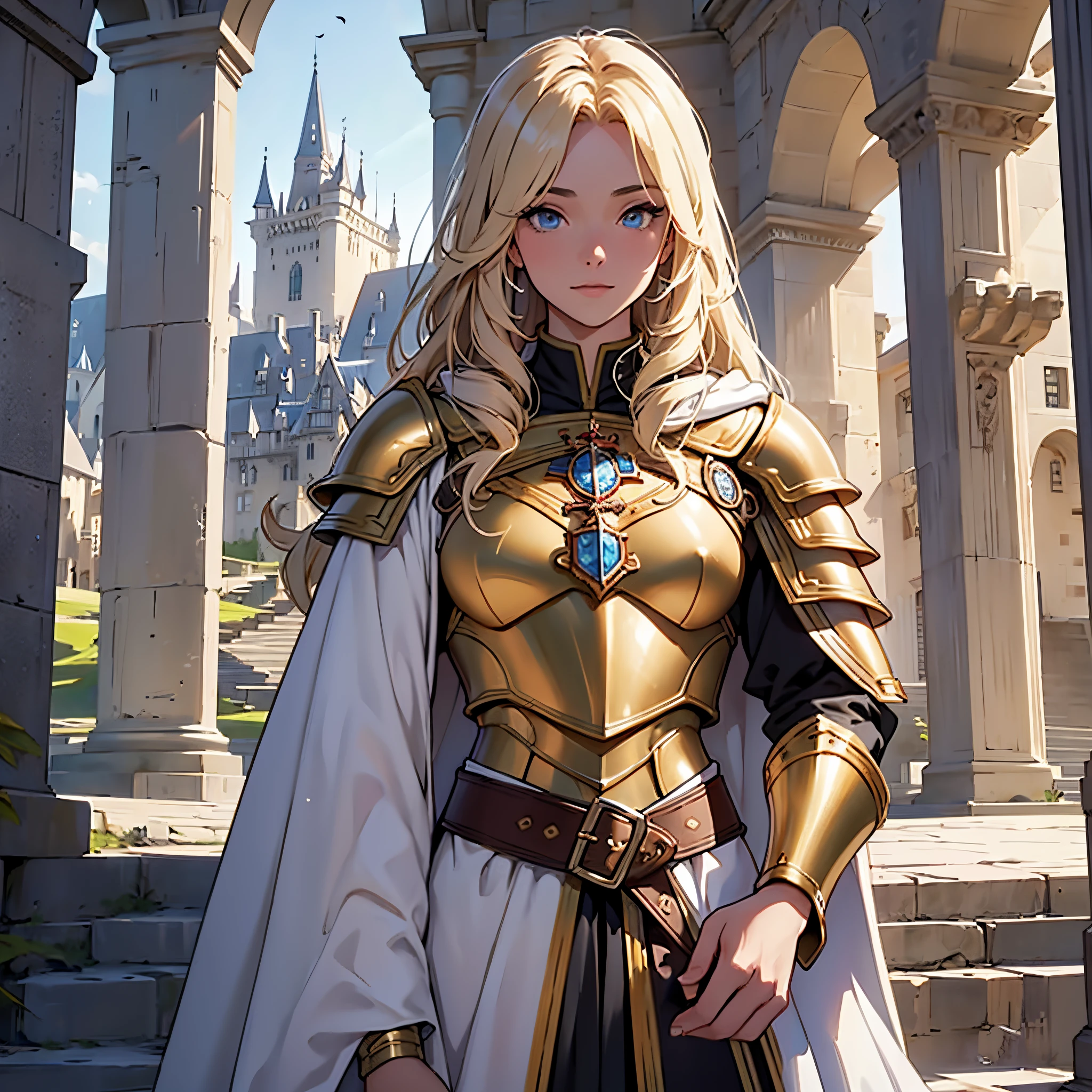 ​masterpiece, Best Quality, 4k, Very detailed, Close-up of a person&#39;Upper body body, Background with:In front of the stairs of a medieval castle built on a lake, Rapunzel in golden armor and white cloak