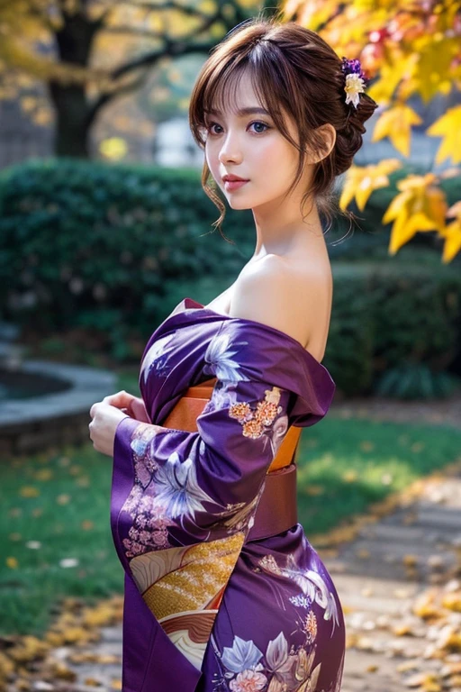 (masutepiece:1.3, Photorealsitic:1.4, 8K), top-quality, ​masterpiece, 超A high resolution, Professional camera work, Grow Light Effect, Realistic portrait, Cinematic Light, Highly detailed skin and facial texture:1.3, Perfect dynamic composition, The ultra-detailliert, A detailed eye, Detailed limbs, autumn night, Lit up, Autumn foliage scenery:1.2, 1girl in, Cute sexy 24 year old slim woman, Fair skin, Autumn leaves are dancing:1.2, (Enraptured look:0.9, Totally captivates you:1.0), (Purple kimono:1.35 off shoulder), (voluptuous breasts:0.9), (Facing the front, Calm pose), (Beautiful blue eyes, Eyes that feel beautiful eros:0.85), Sexy face:0.4, (A mouthfeel that feels beautiful eros:0.85), ((Too cute beauty:0.9))